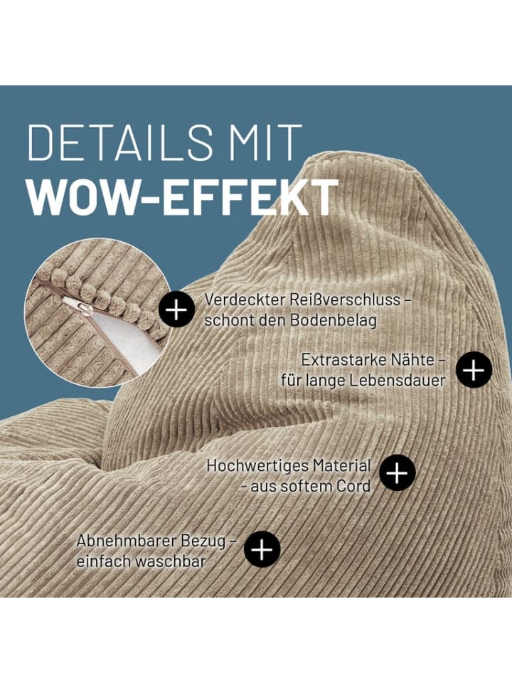 Lumaland LUMALAND Sitzsack GIANT aus der Cord-Reihe, 135 x 100 cm - Bezug soft & waschbar günstig kaufen onesize