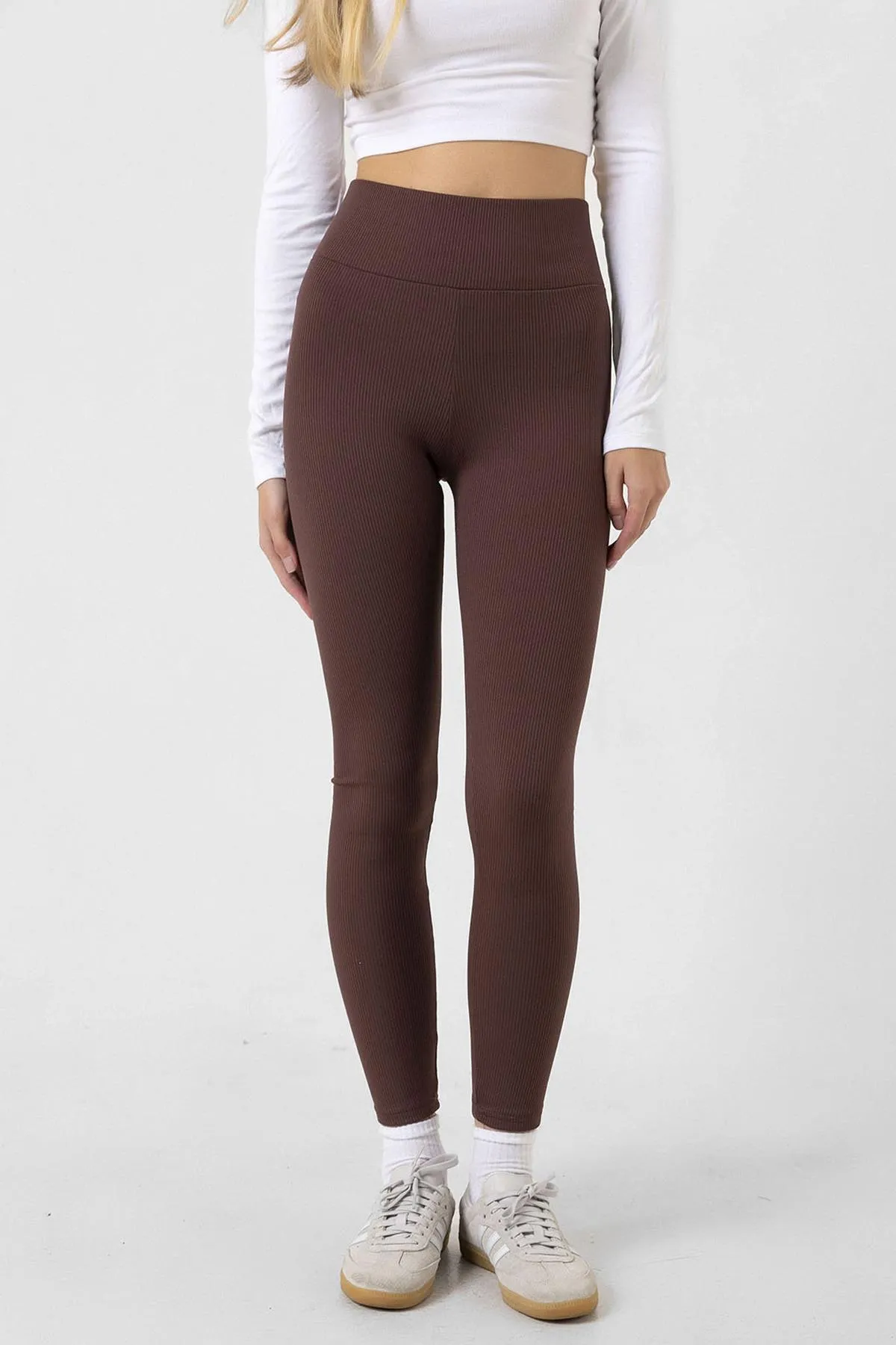 Domoda  Braune Fleece-Innenseite, elastisch, erhöht, gerippt, geraffte Interlock-Winterstrick-Leggings @verona