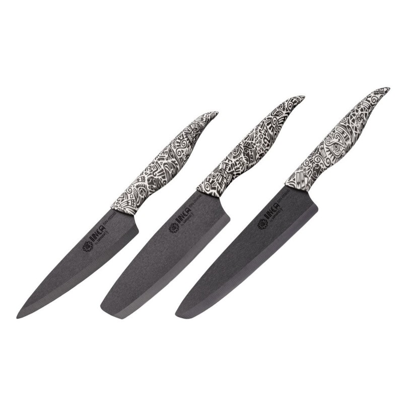Samura Inca mit schwarzer Keramikklinge, 3-teiliges Küchenmesserset (Filetiermesser - Nikiri-Messer - Kochmesser).