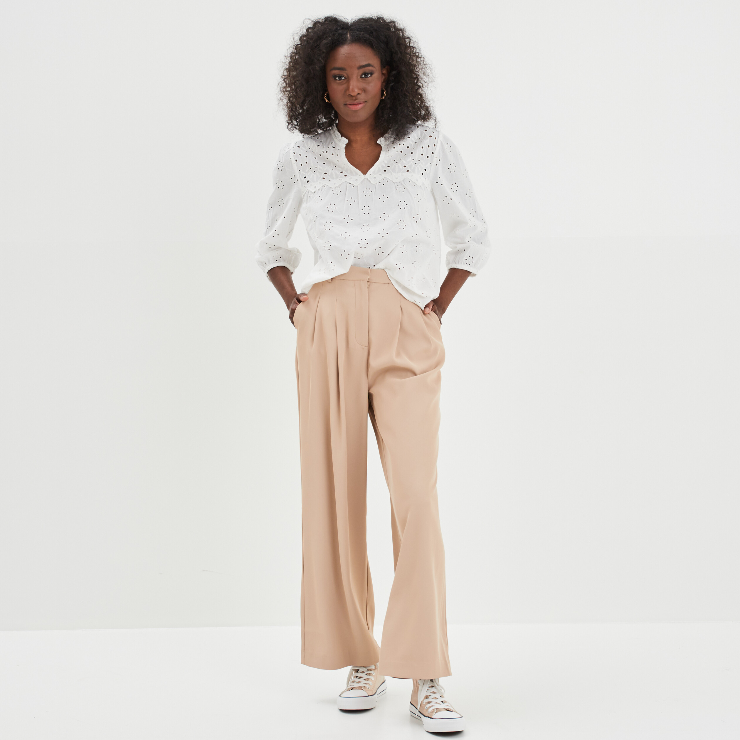 Blouse broderie anglaise coton Creeks jaune clair femme | La Halle