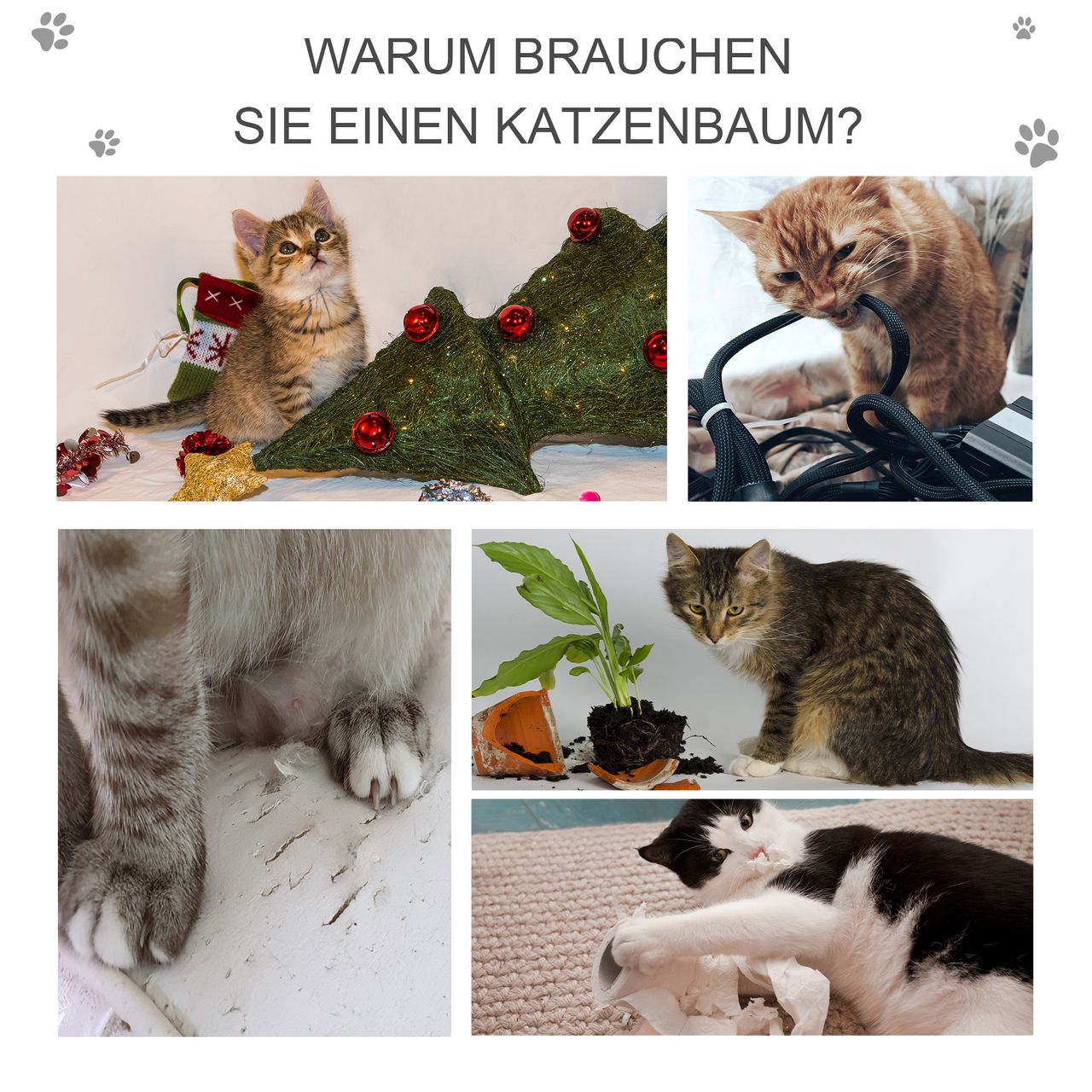 PawHut Kratzbaum Katzenbaum mit Spielbällen Sisalseil-Kratzstangen Grau