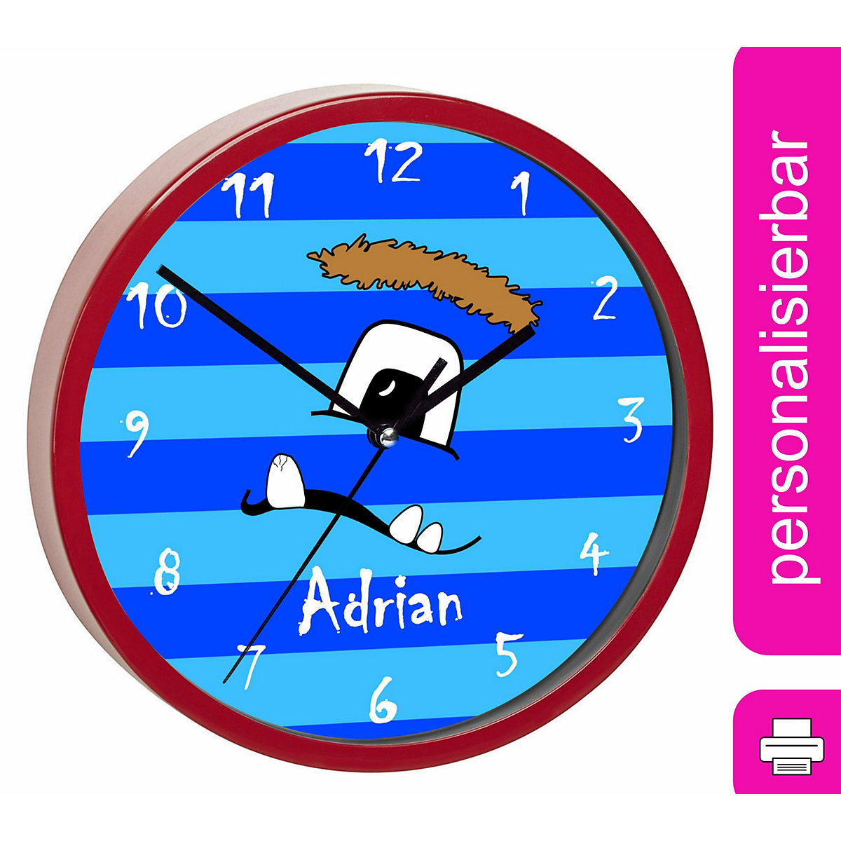 Kinder Wanduhr personalisiert mit Name Monster Streifen blau