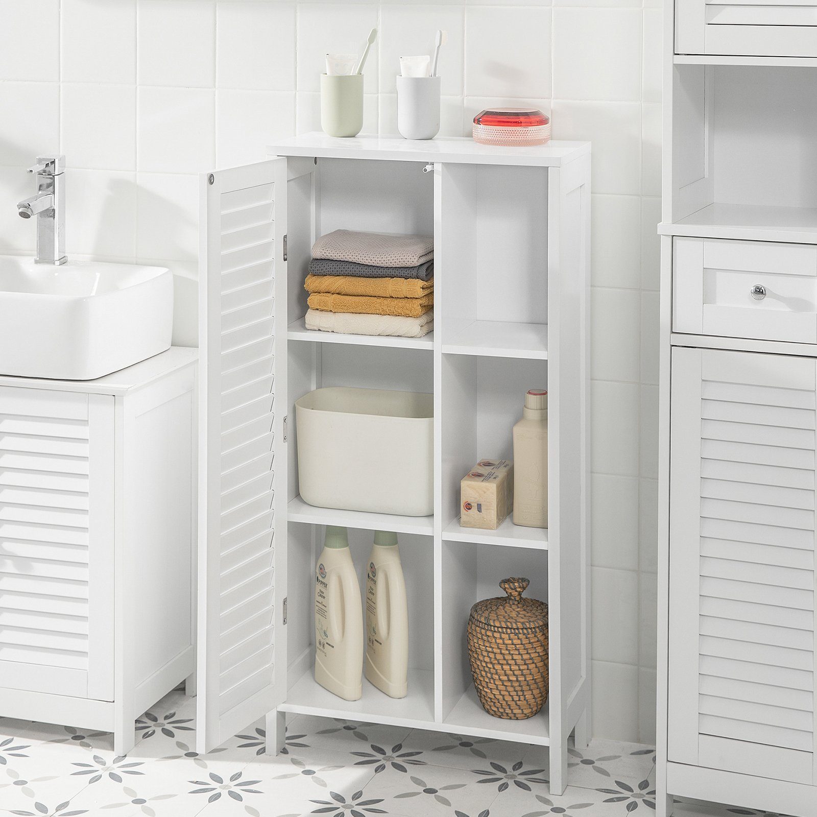 SoBuy Badkommode BZR39, Badschrank mit Lamellentür Badezimmerschrank Aufbewahrungsschrank