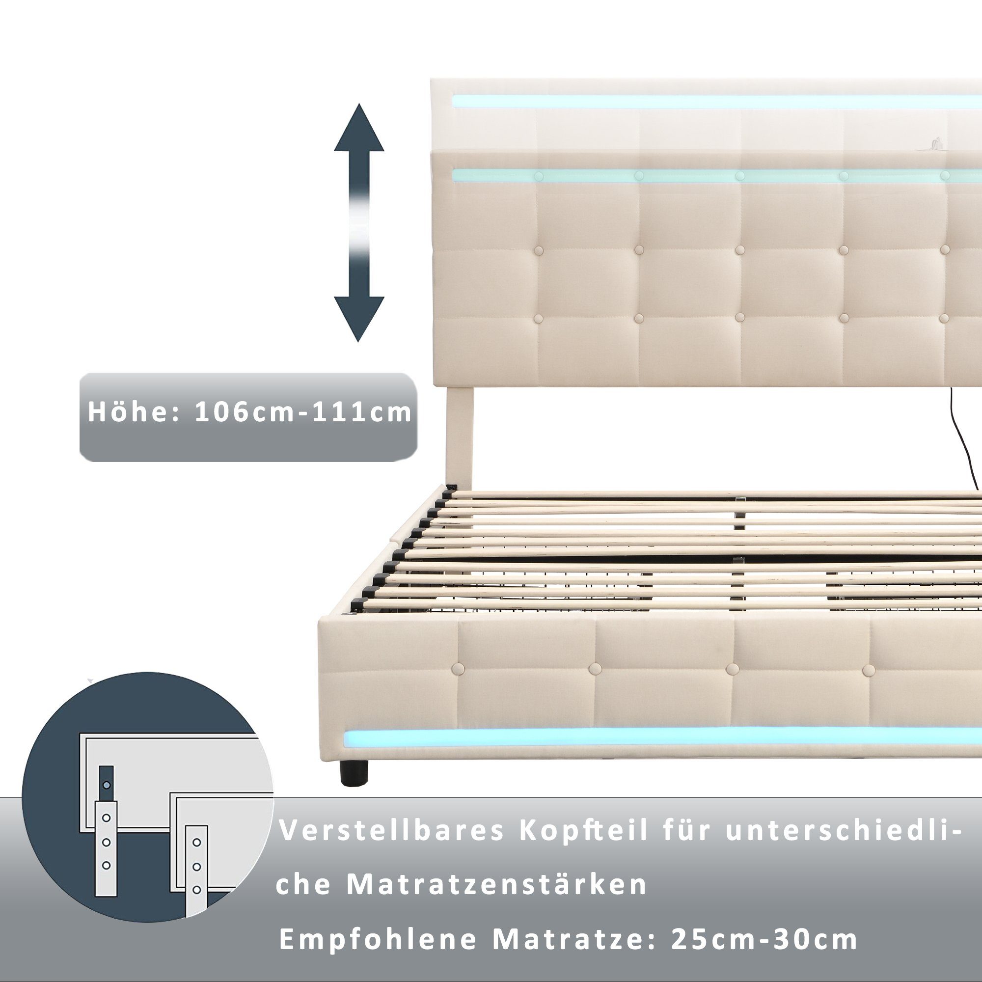 WISHDOR Polsterbett Gästebetten Doppelbetten Bett Polsterbett Heim-Betten140*200 (mit 4 Schubladen und 2 USB-Ladestationen, Bettrahmen mit LED-Leuchten Kopfteil Trittteil, gepolstertes Plattformbett mit Stauraum), Kopfteil höhenverstellbar, ohne Matr