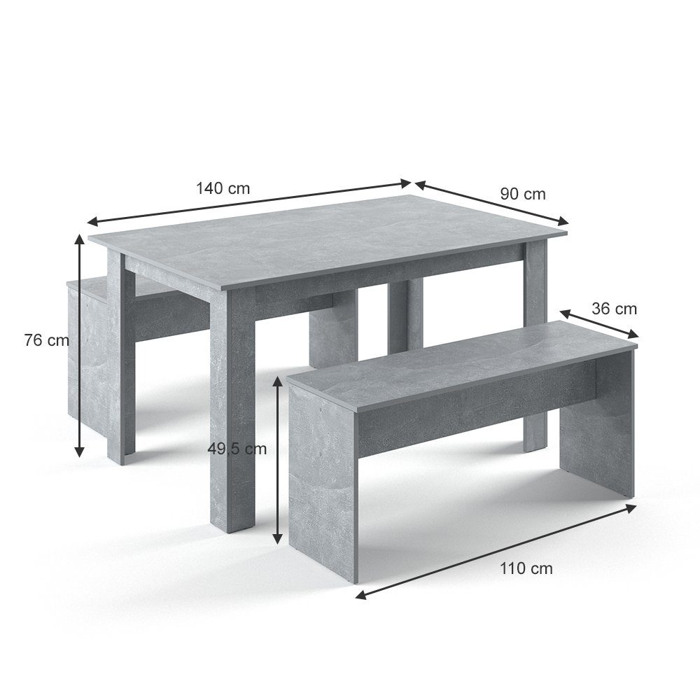 Vicco Essgruppe Tischgruppe Sitzgruppe SENTIO Beton, (Set, 3-tlg., 3-er Set), platzsparend