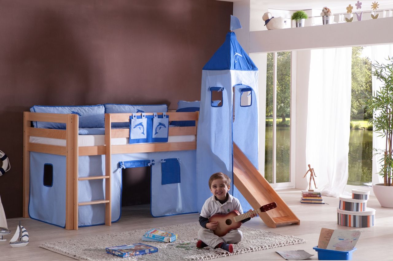 Relita Halbhohes Spielbett ALEX mit Rutsche/Turm Buche massiv natur lackiert mit Stoffset blau/delfin