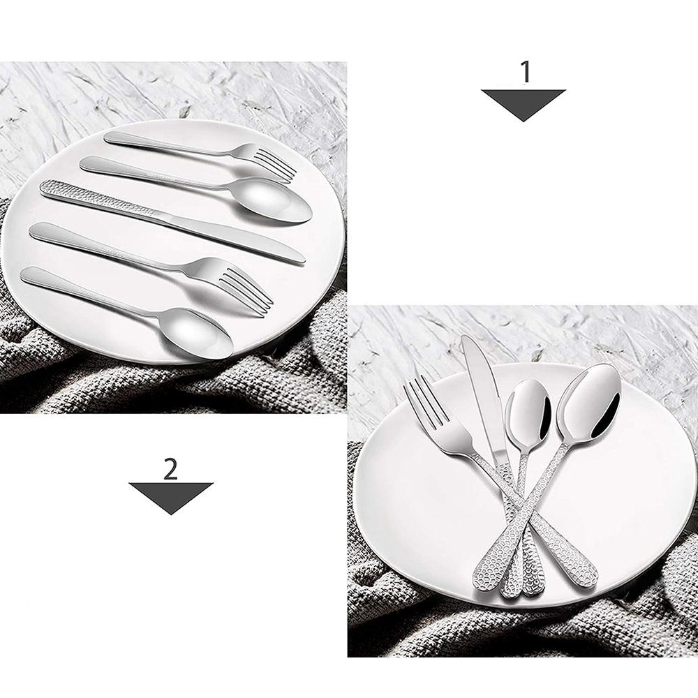 AKKEE Besteck-Set 30-teilig Besteckset Edelstahl Essbesteck für 6 Personen, mit Messer Gabel Löffel, Gehämmertes Tafelbesteck für Haushalt/Küche