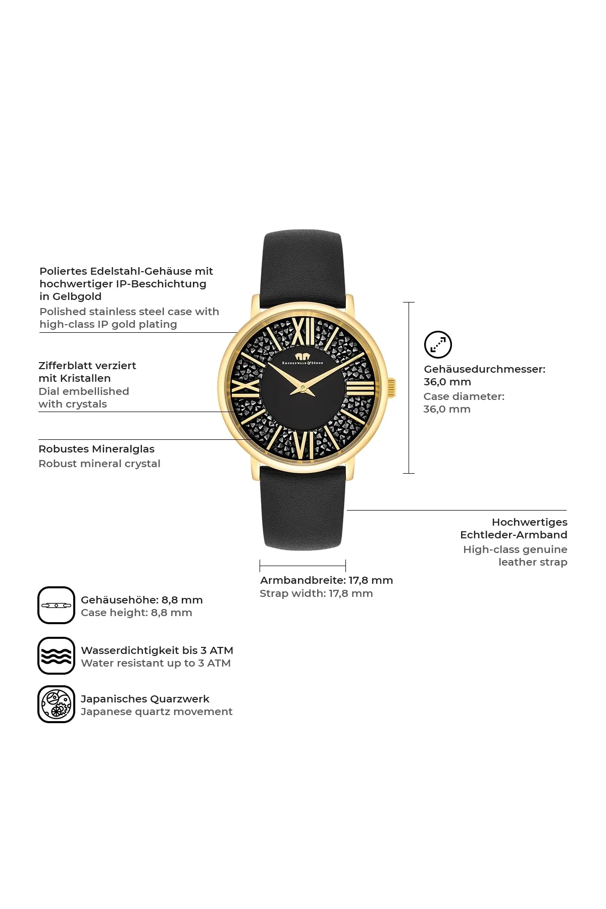 Rhodenwald & Söhne  Quarzuhr Damen Quarzuhr gelbgold Echtleder schwarz