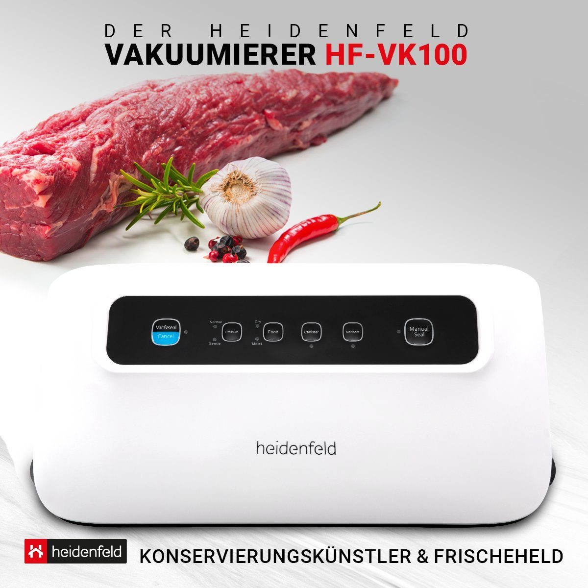 Heidenfeld Vakuumierer Folienschweißgerät HF-VK100 inkl. 5 Folienbeutel, 30 cm Schweißbreite - 125 W Heizleistung - Vakuumierung - 0,8 bar