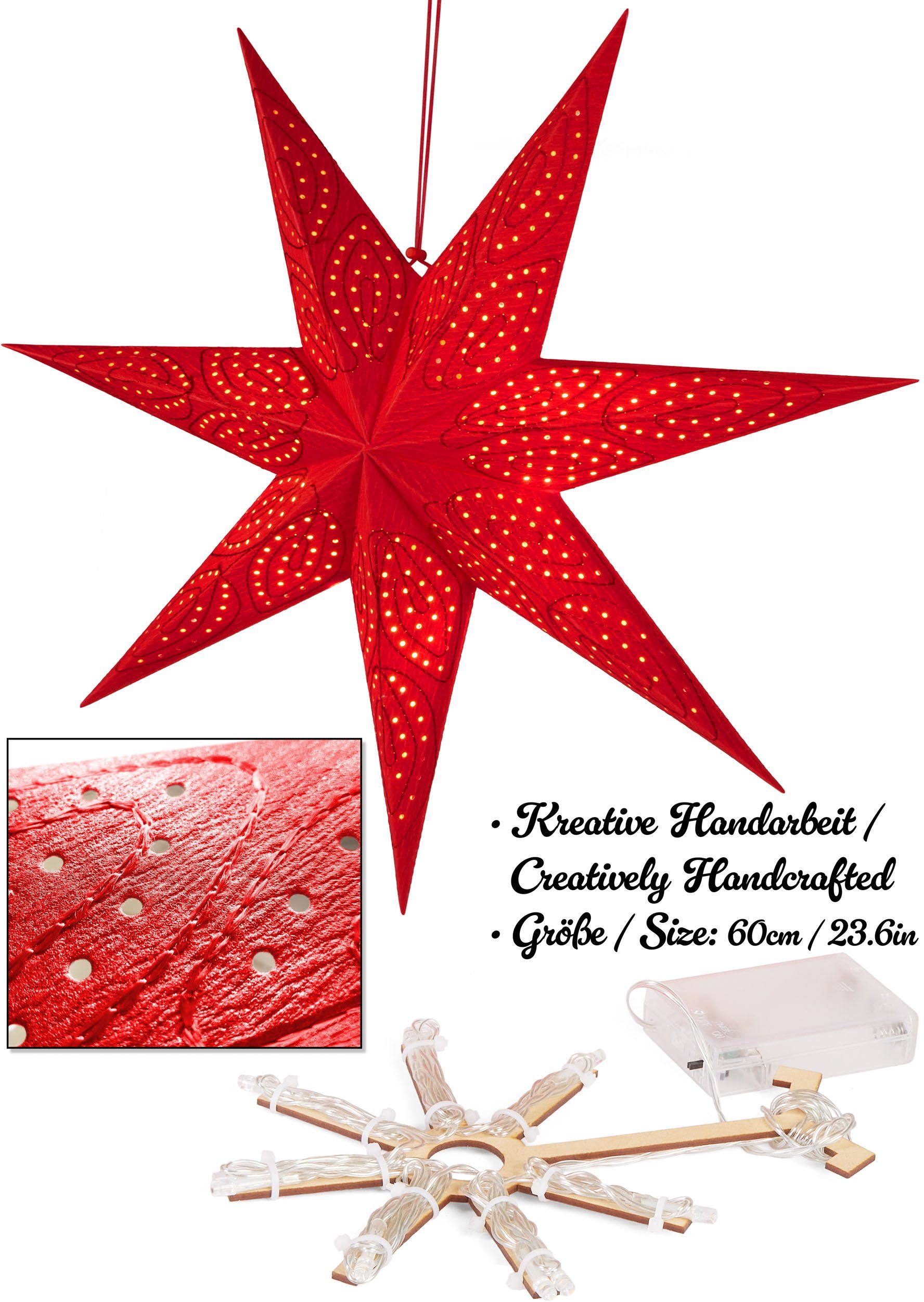 BRUBAKER LED Stern 60 cm Papier Weihnachtsstern zum Aufhängen - LED Adventsstern, Hängender Leuchtstern - Beleuchtbar mit Batterie, LED fest integriert, Warmweiß, Weihnachtsdeko für Fenster - 3D Papierstern mit Timer-Funktion