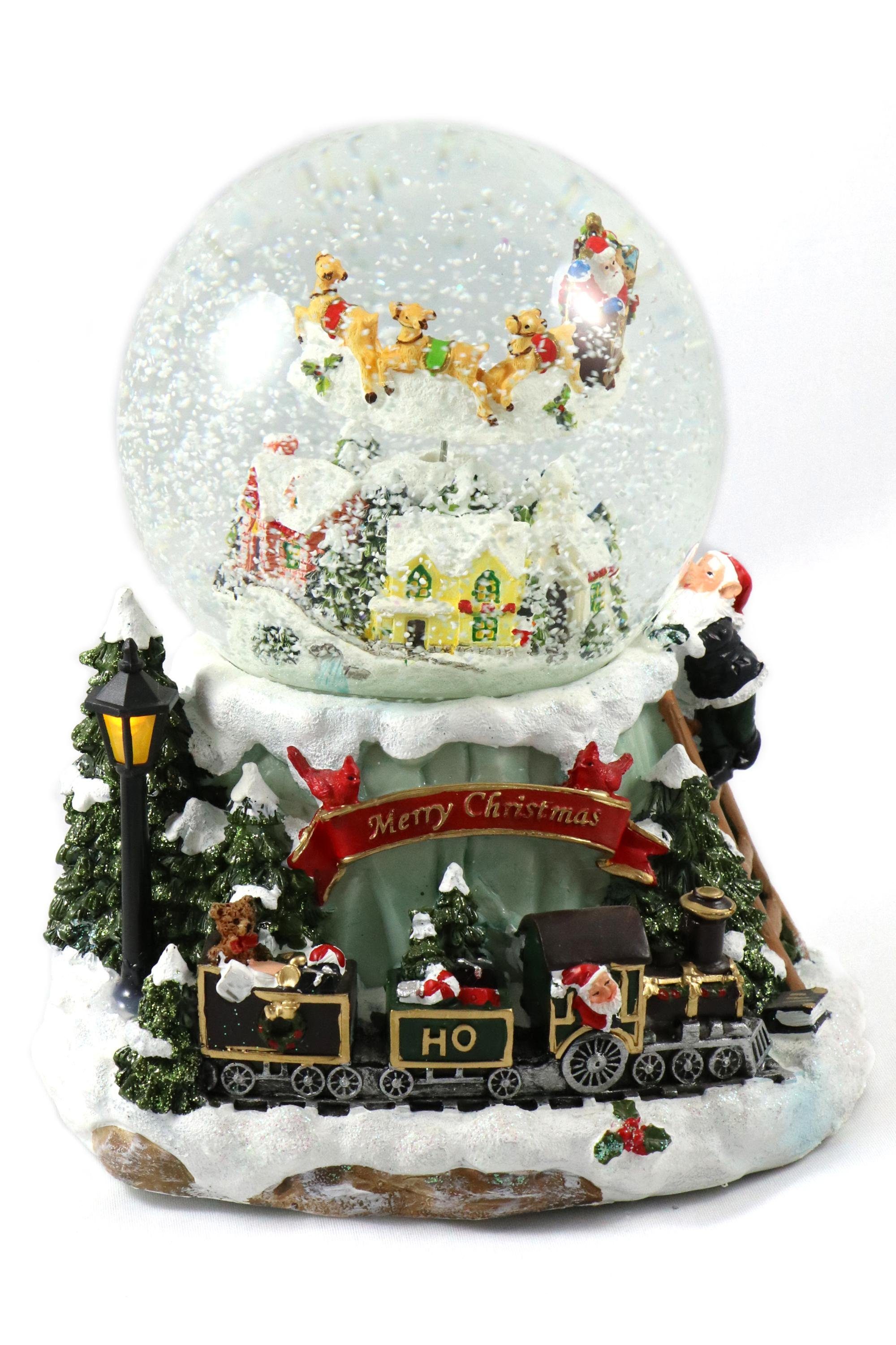 ELLUG Schneekugel Schneekugel Ø120mm mit Spieluhr & fliegendem Schlitten mit Rentieren H: 19,5cm mit verschiedenen Weihnachtsliedern im Wechsel Schneeantrieb