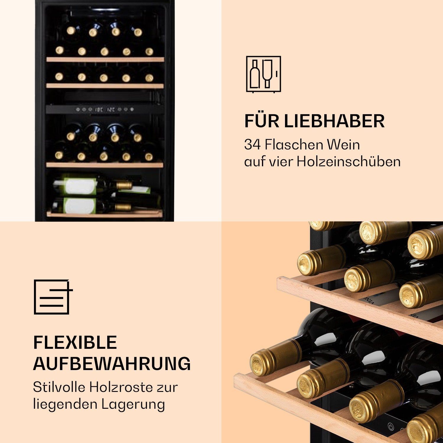 Klarstein Weinkühlschrank Barossa 34 Duo, für 34 Standardflaschen á 0,75l,2 Zonen Wein Flaschenkühlschrank Weintemperierschrank Weinschrank