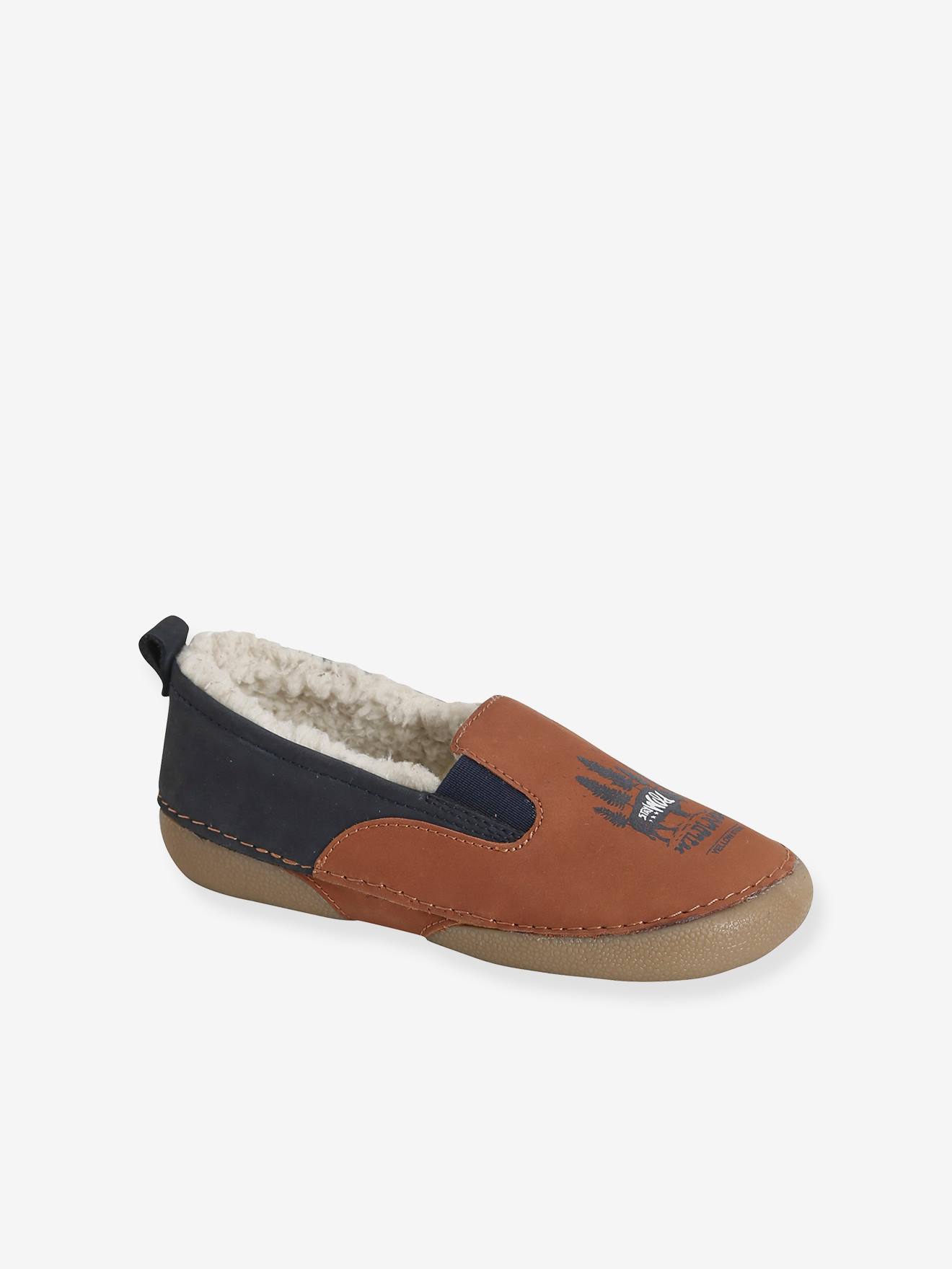 Chaussons fourrés garçon en cuir marron