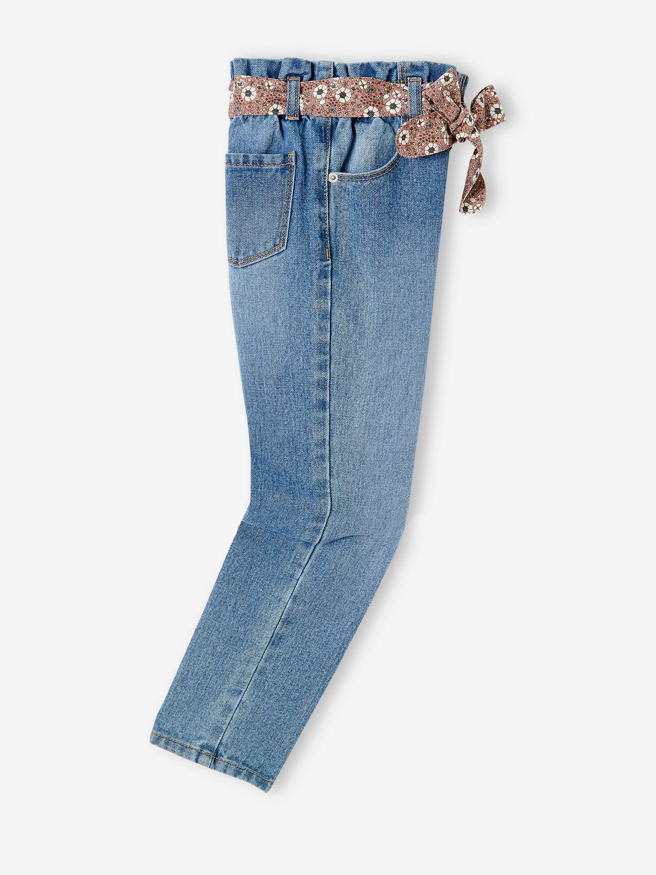 Vertbaudet Mädchen Paperbag-Jeans mit Blumen-Gürtel - grauer denim