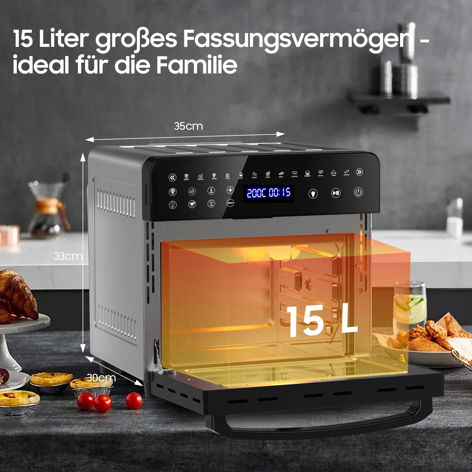 iceagle Heißluftfritteuse Heißluftfritteuse 15L, Heißluft-Backofen mit 13 Programme, 1800,00 W