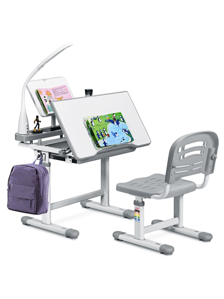 COSTWAY Kinderschreibtisch mit Lampe & Stuhl in Grau günstig kaufen onesize