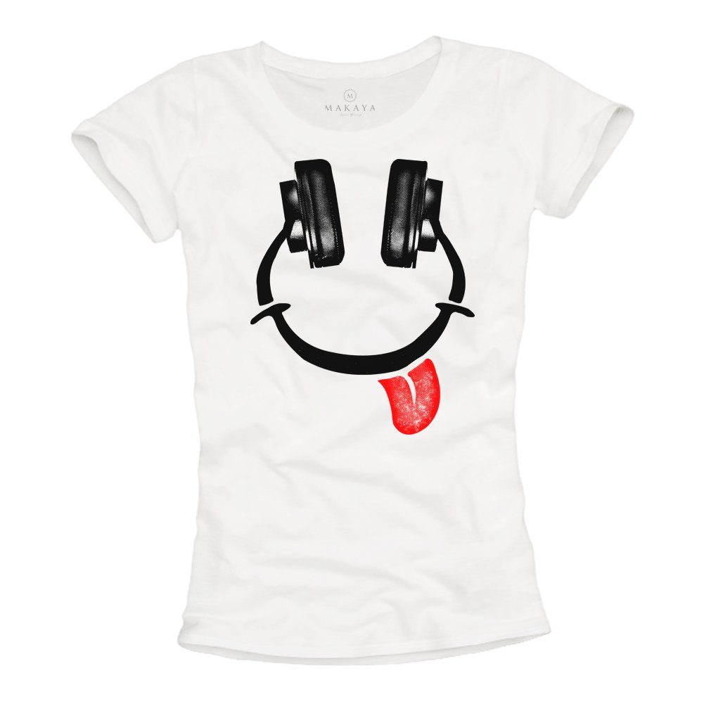 MAKAYA Print-Shirt Damen Freche Musik Motive Frauen Kopfhörer Aufdruck Top Weiß Lustig