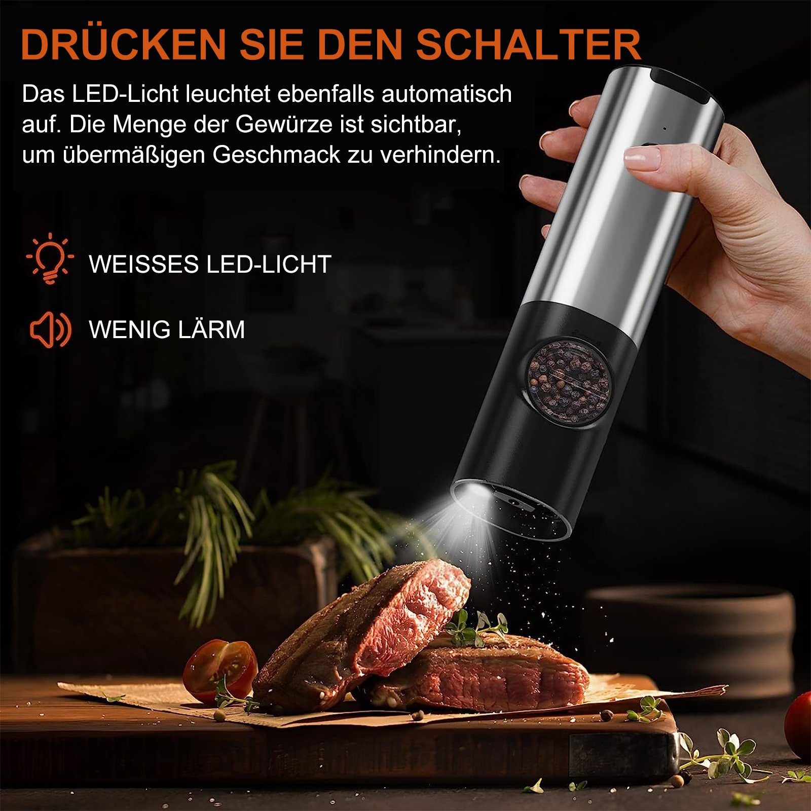 INTEBIKI Pfeffermühle Salz und Pfeffermühle Elektrisch mit Basis,Wiederaufladbare USB Automatischer Betrieb Salzmühle mit LED-Licht,Edelstahl-Einhand-Küchenhelfermühle, (2 Stück), Einstellbare Grobkörnigkeit(2 Stück Gewürzmühle Elektrisch)
