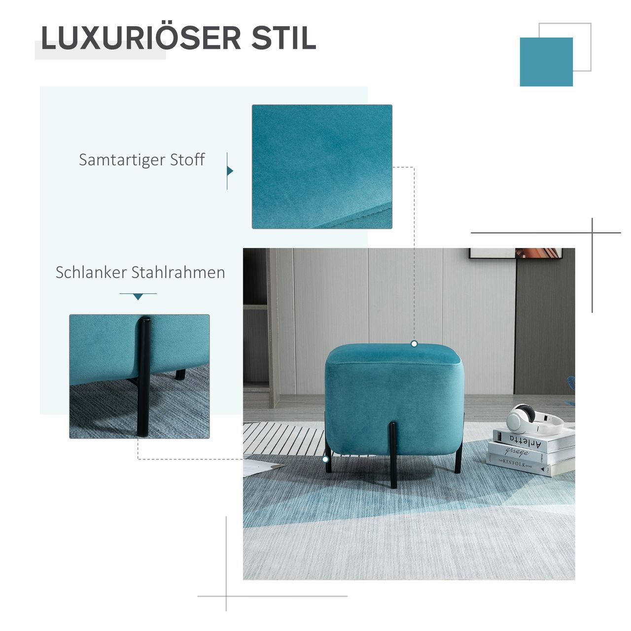 HOMCOM Fußhocker Fußstütze gepolstert Polyester Stahl Schaumstoff Türkis 44,5 x 44,5 x 41,5 cm