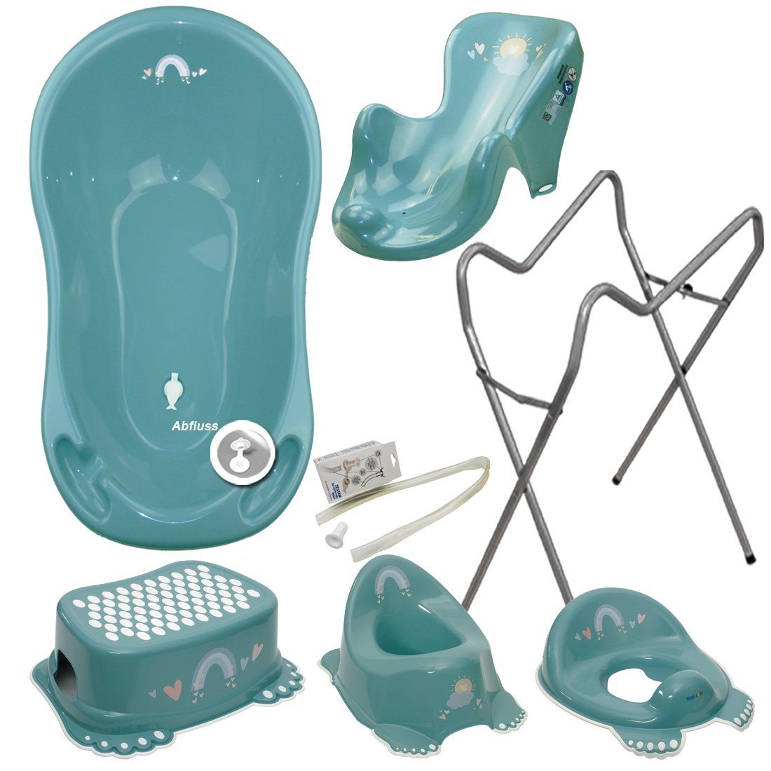 Tega-Baby Babybadewanne 6 Teile SET AB- METEO Türkis + Ständer Grau -Abflussset Babybadeset, (Premium.set Made in Europe), Wanne+ Badesitz+ Töpfchen+ WC Aufsatz+ Hocker+ Ablauf Set+ Ständer