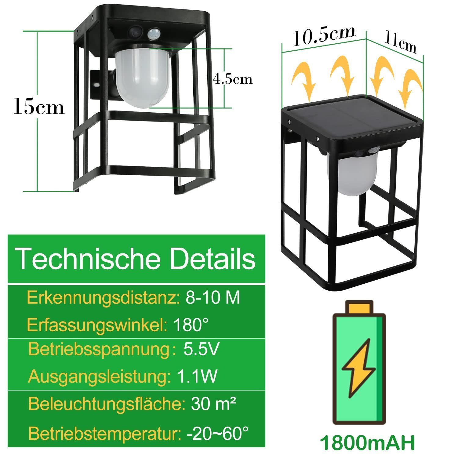ZMH LED Solarleuchte 2er Außen Bewegungsmelder 1800mAh Garten Wasserdicht 180°, LED fest integriert, Tageslichtweiß