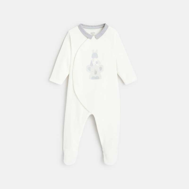 Dors-bien velours animaux col chambray blanc naissance