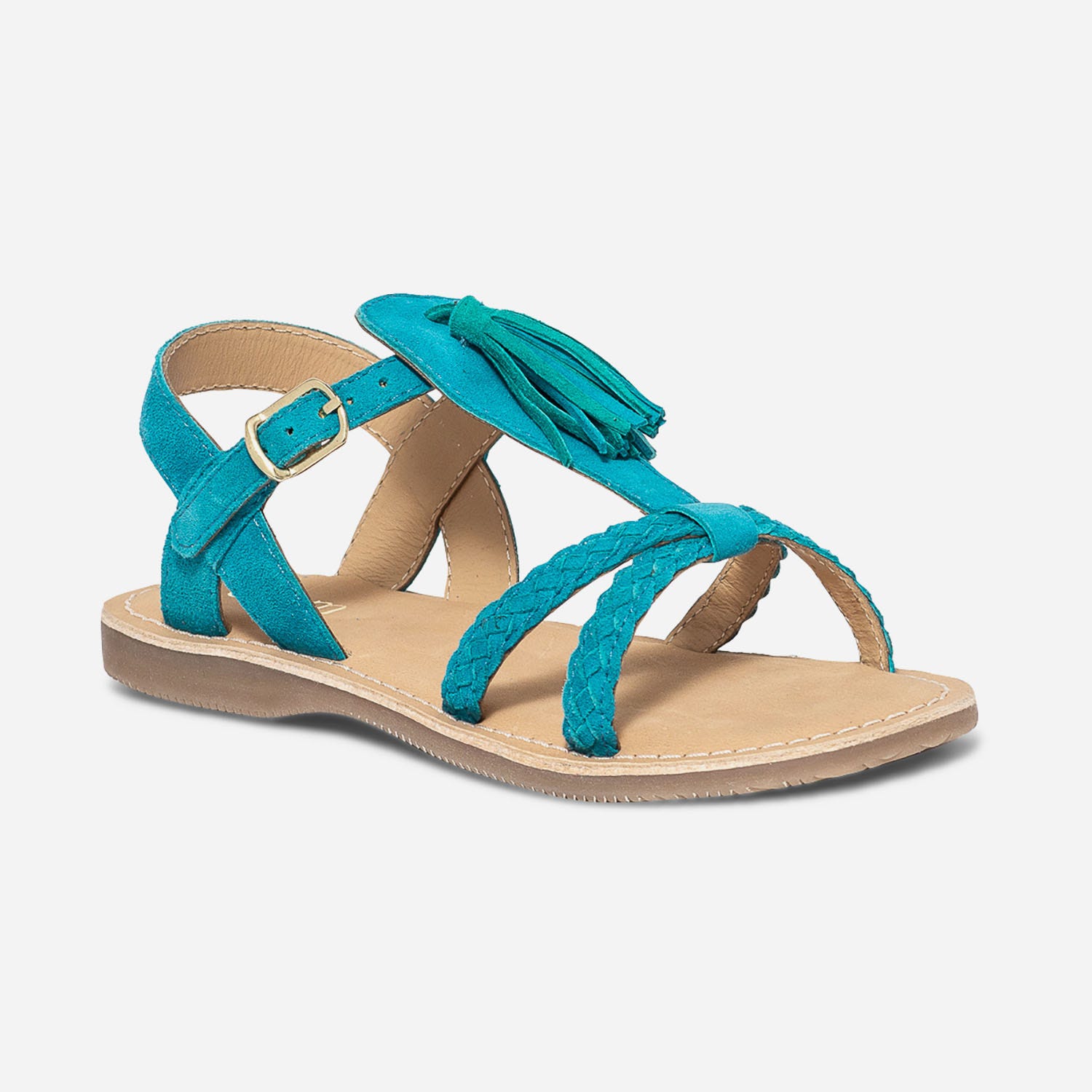 Sandale turquoise en cuir velours avec pampille