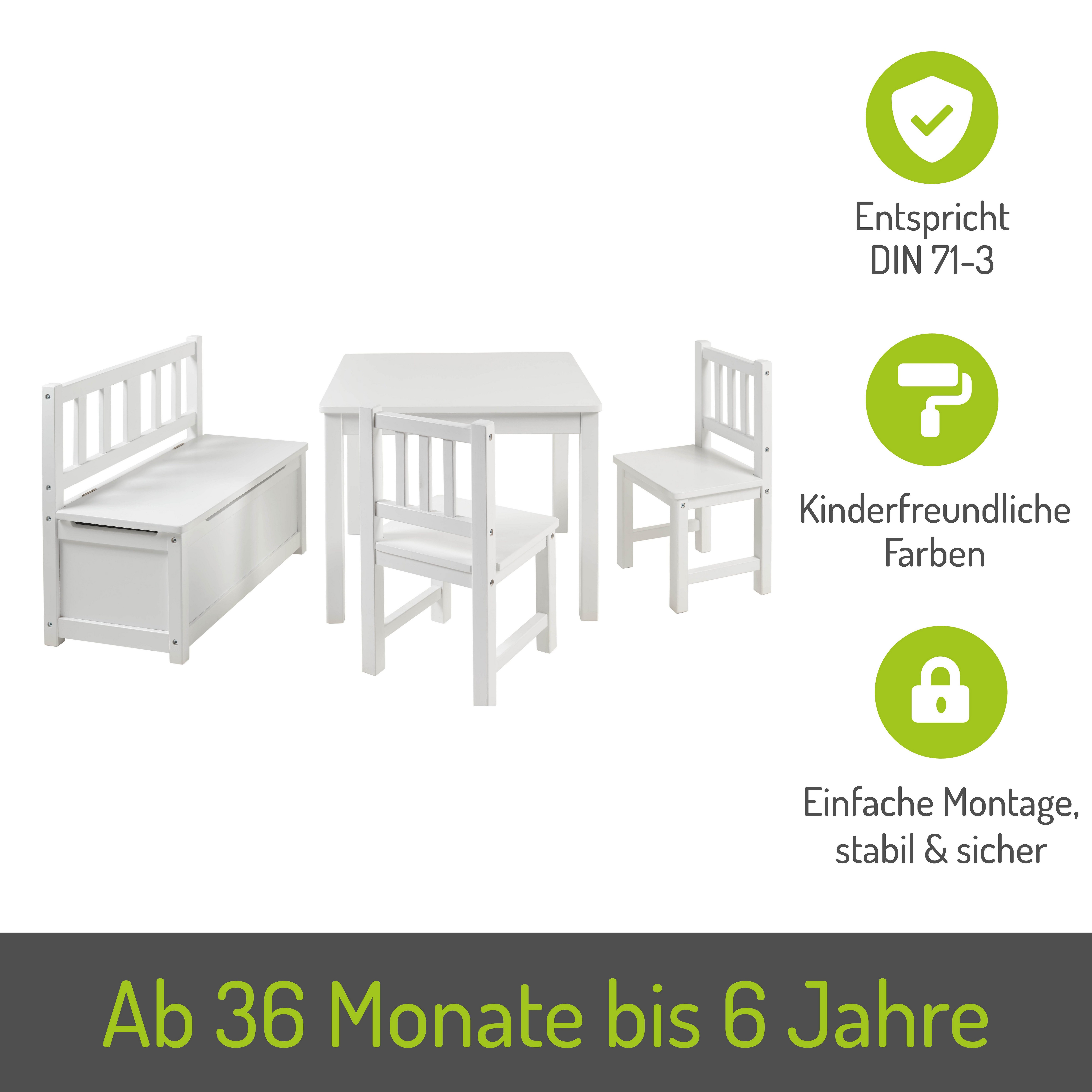 BOMI Kindersitzgruppe Holzsitzgruppe Anna, (4-tlg), Kindertischgruppe aus Holz (4tlg. Tisch, Kinderbank, 2 x Stühle)