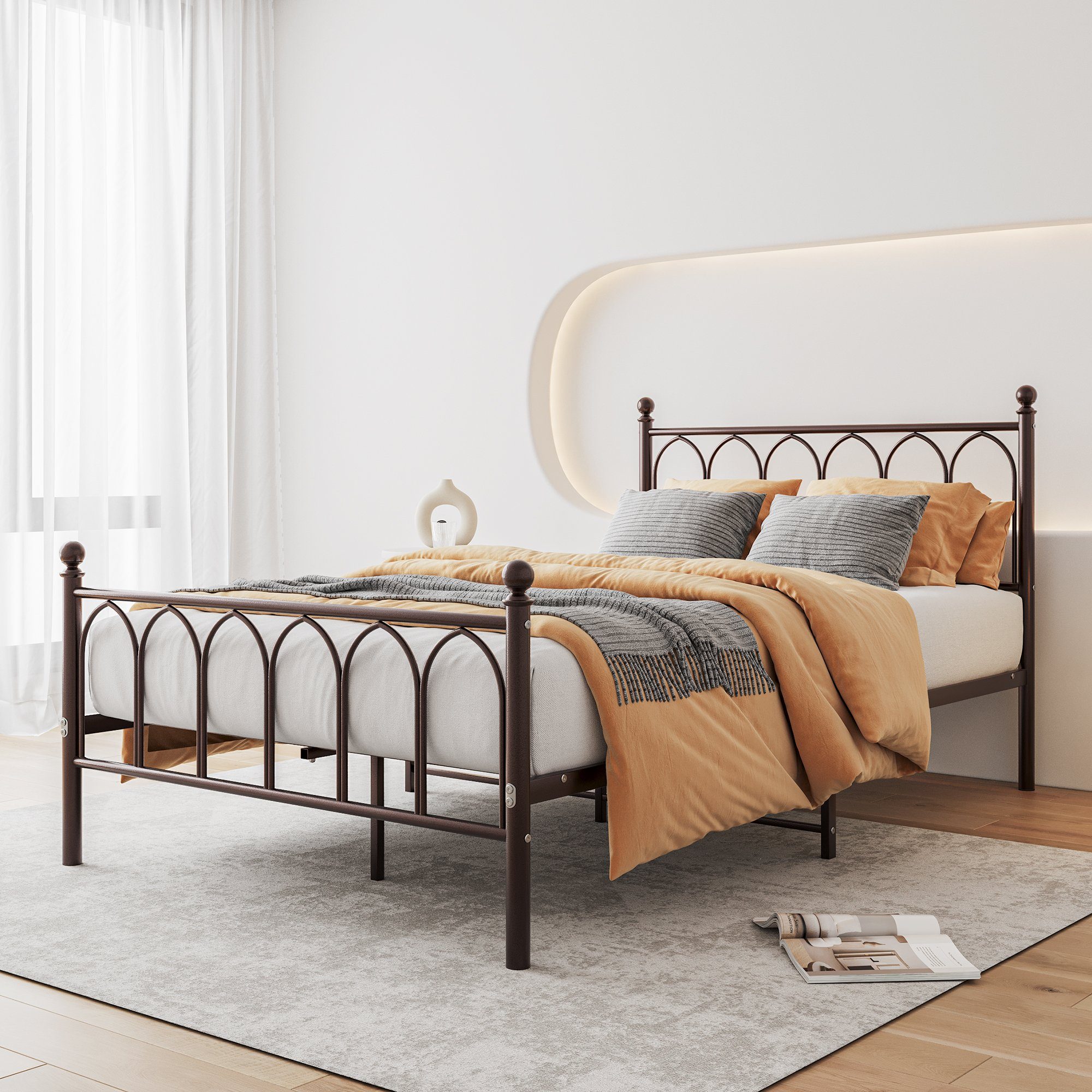 WISHDOR Metallbett Einzelbett mit Lattenrost (120 x 200 cm Braun ohne Martratze), Bettgestell aus Metall, passend für 120 x 200 cm Matratze
