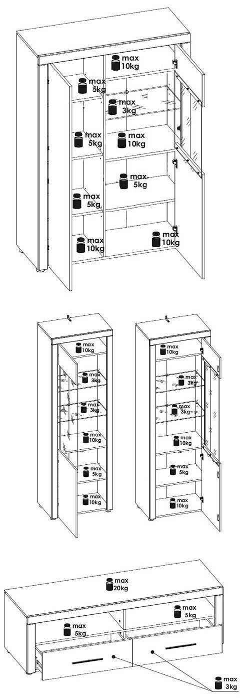 Feldmann-Wohnen Wohnwand ESSEN, (Set, 2 Vitrinen + 1 Lowboard), Gesamtmaße B/T/H: 278 cm / 38 cm / 195 cm