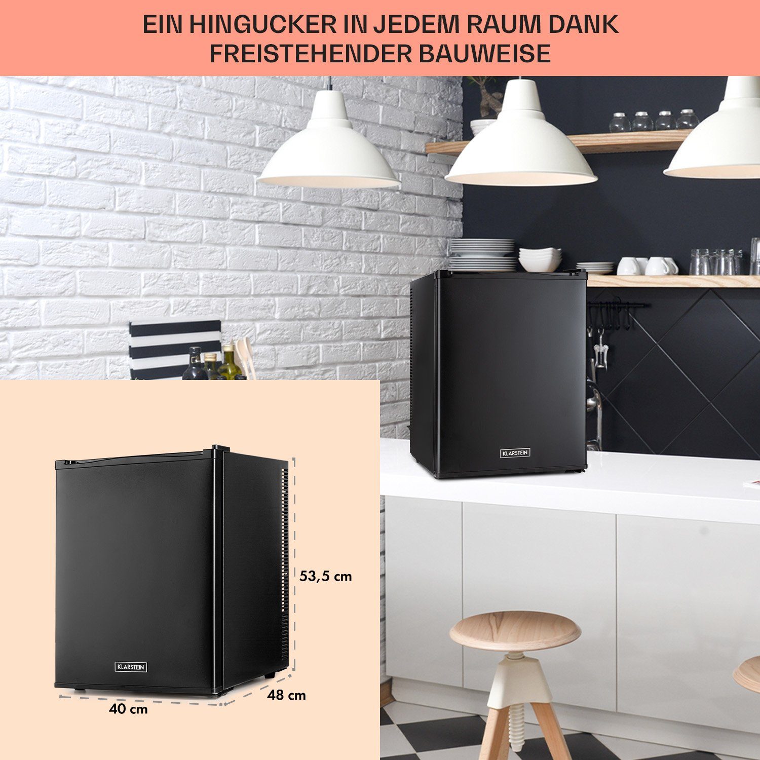 Klarstein Table Top Kühlschrank HEA-HappyHour-42Blk 10035247A, 53.5 cm hoch, 40 cm breit, Hausbar Minikühlschrank ohne Gefrierfach Getränkekühlschrank klein