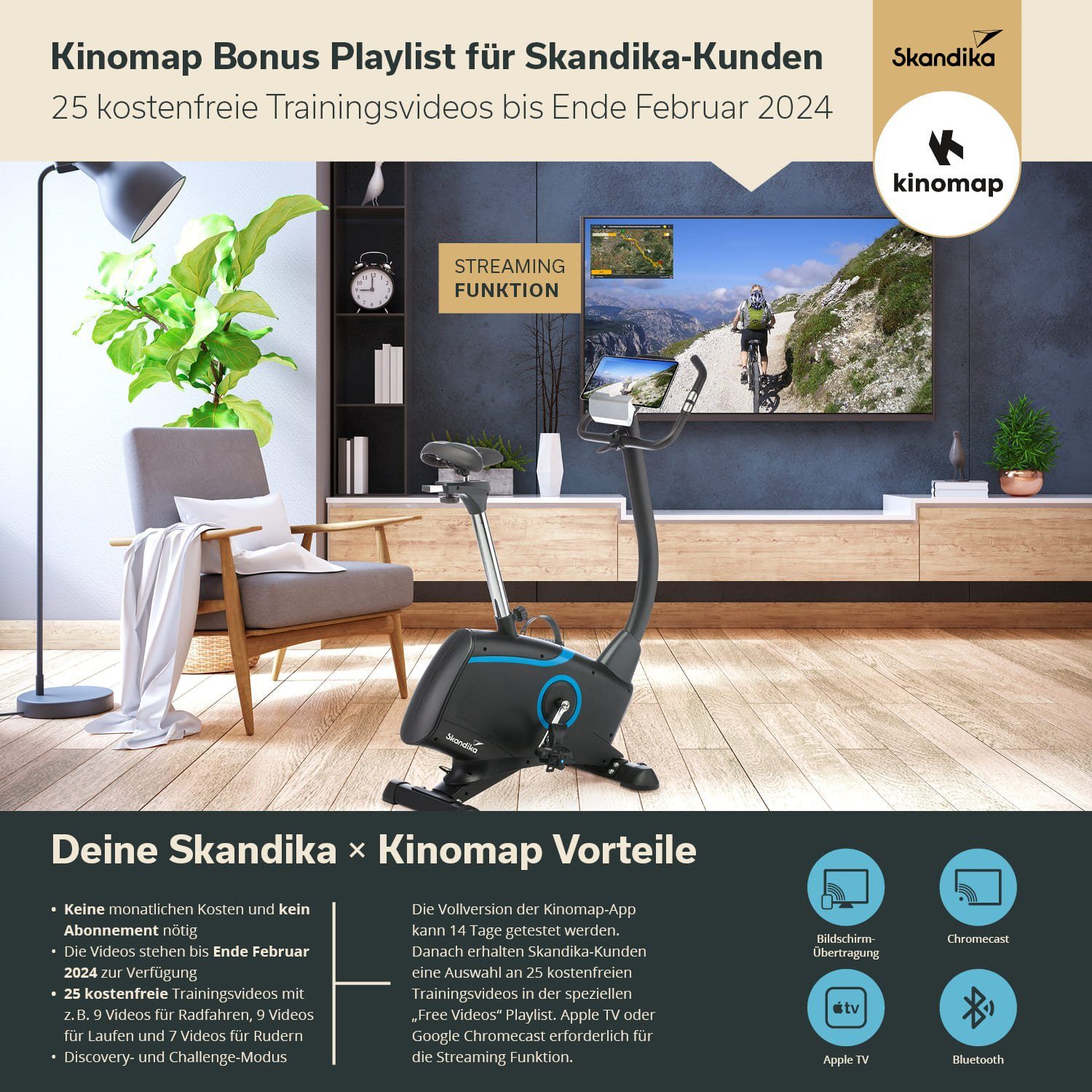 Skandika Ergometer Cardio Bike Atlantis Heimtrainer mit App Steuerung, Bluetooth, 32 Stufen, geräuscharm, Transportrollen, bis 150kg