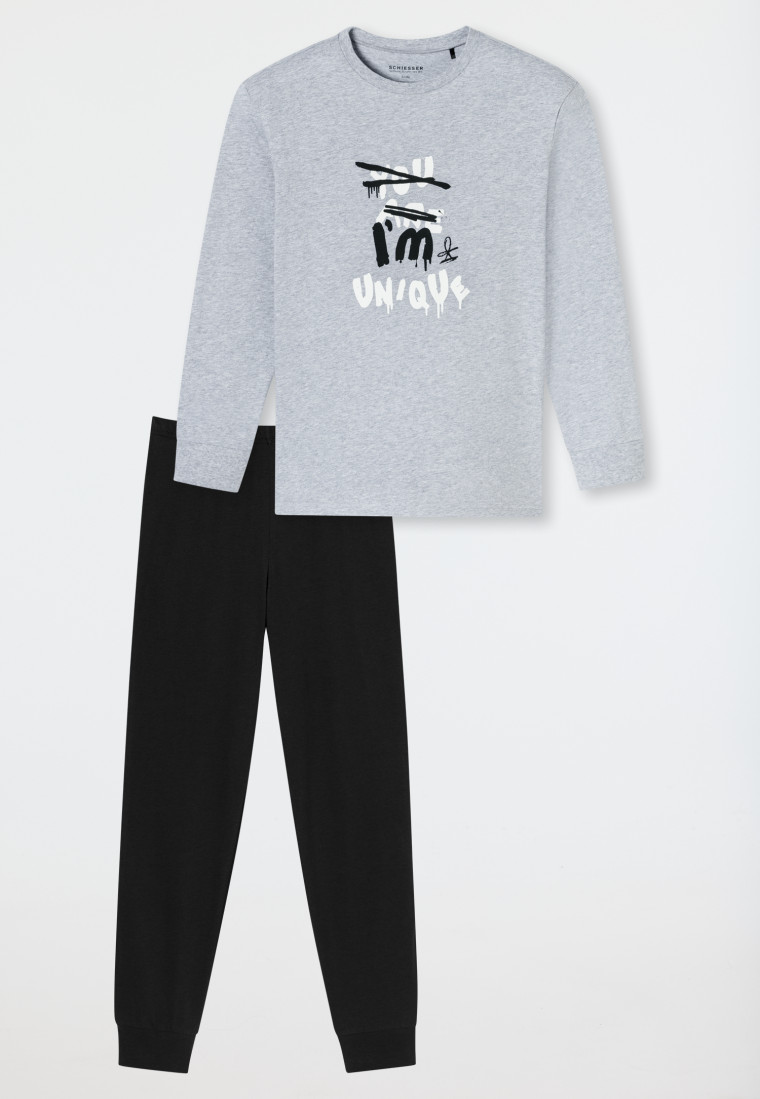 Schlafanzug lang Bündchen grau-meliert - Nightwear