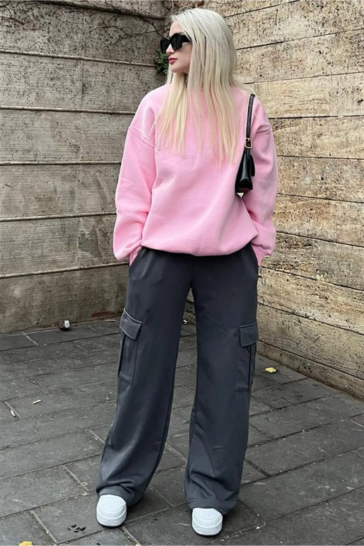 Madmext  Geräucherte Damen-Jogginghose mit weitem Bein und Cargotasche Mg1615