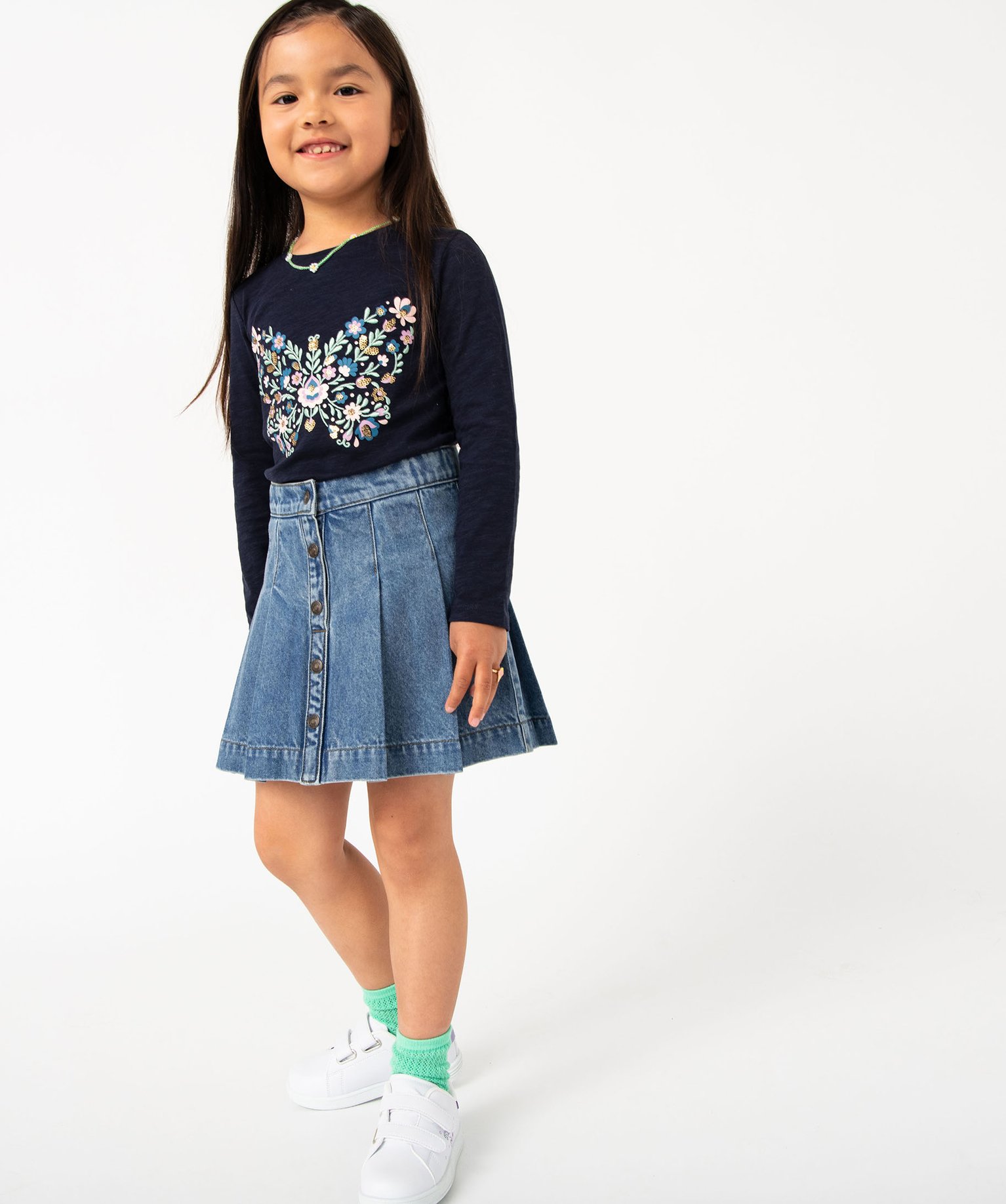 Tee-shirt à manches longues avec motif brodé fille marine | GEMO