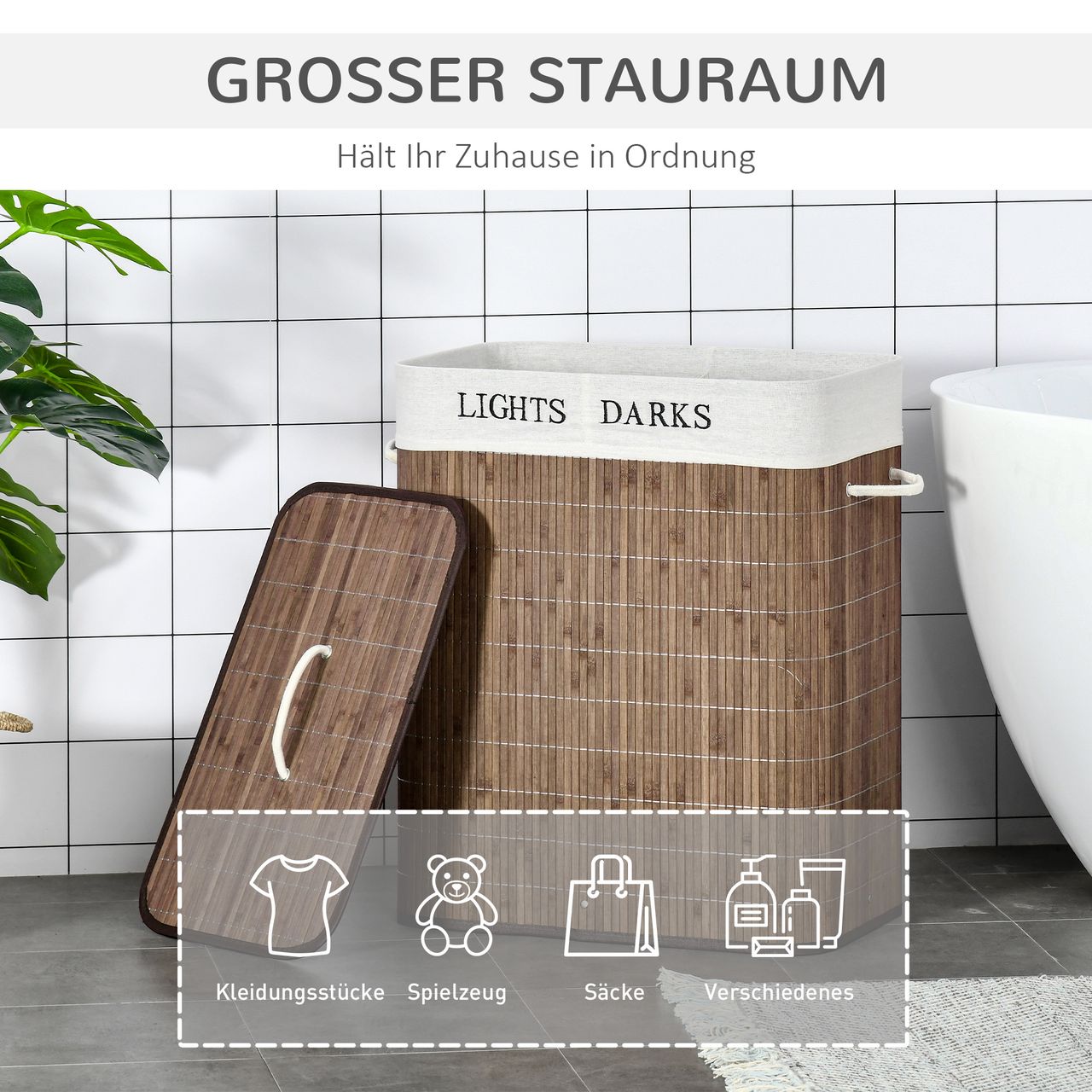 HOMCOM Wäschebox Wäschekorb abnehmbar mit 3 Griffe Polyester Metall Braun Weiß