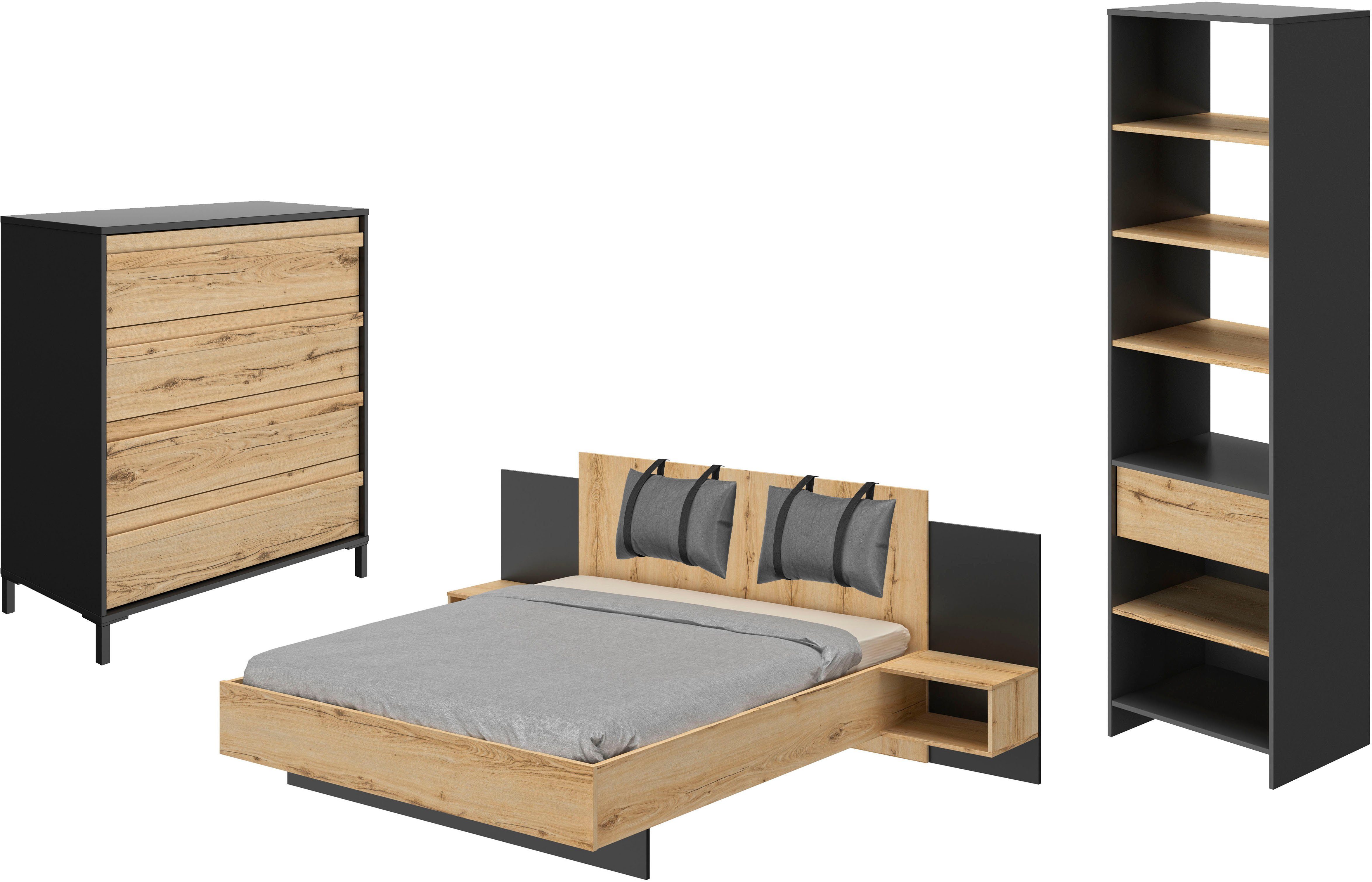 Gami Schlafzimmer-Set Mimizan, (6-St., Bett, 2 Kissen und inkl. 2x Nachttische, 1x Kleiderschrank, 1x Kommode)
