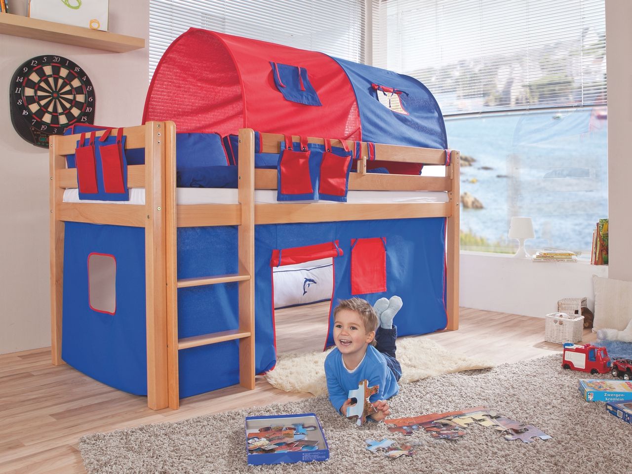 Relita Halbhohes Spielbett ALEX Buche massiv natur lackiert mit Stoffset blau/rot