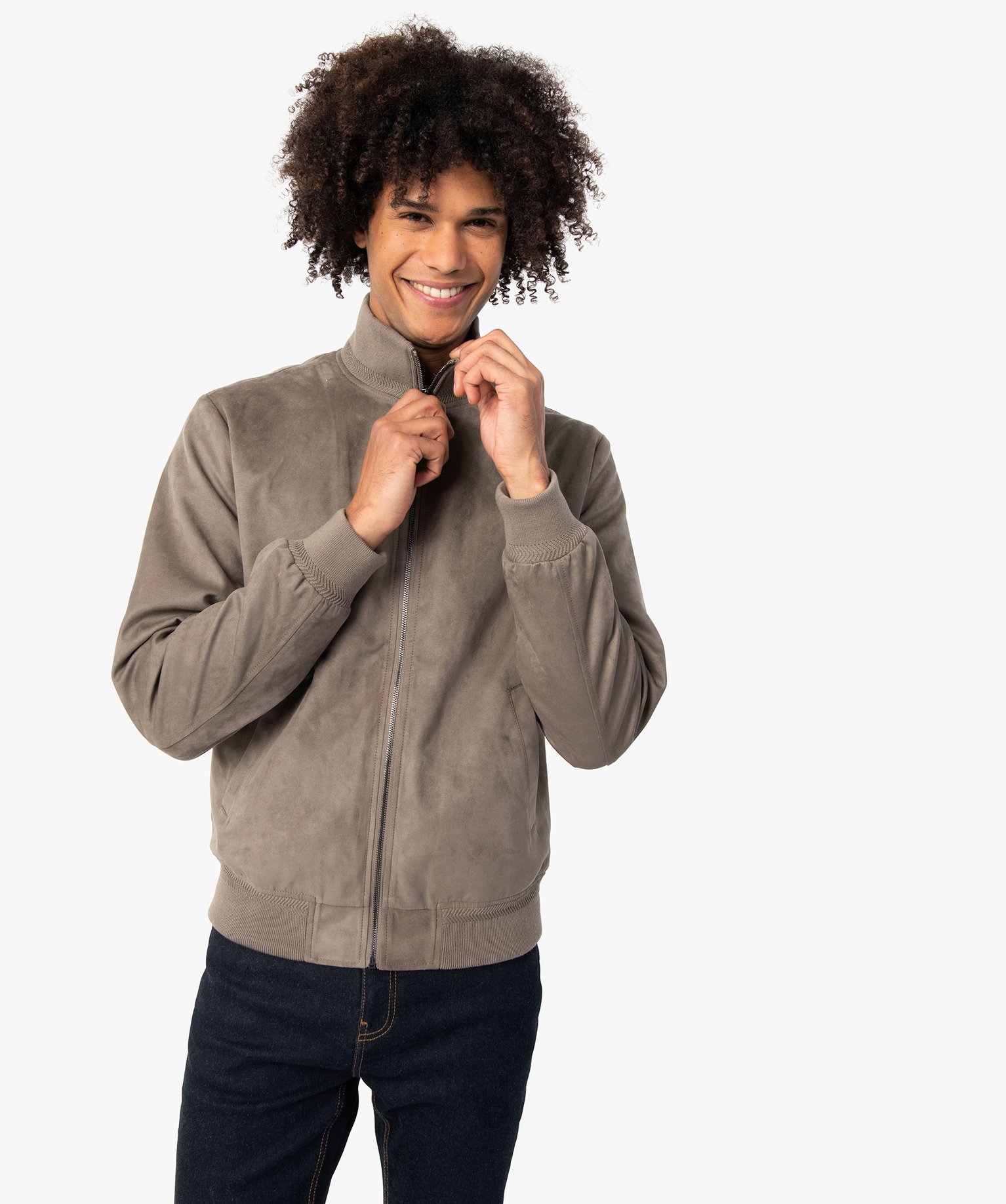 Blouson homme en suédine avec finitions bord-cte taupe | GEMO