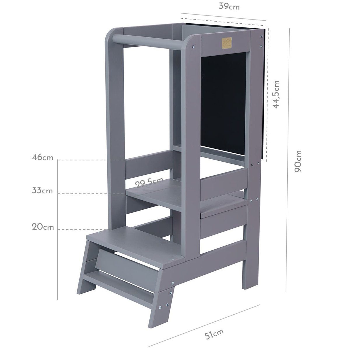 MeowBaby Stehhilfe Lernturm für Kinder Montessori Lernstuhl mit Kreidetafel Dunkelgrau (1 St), Kinderhocker, Höhenverstellbar, Abgerundete Ecken & Kanten