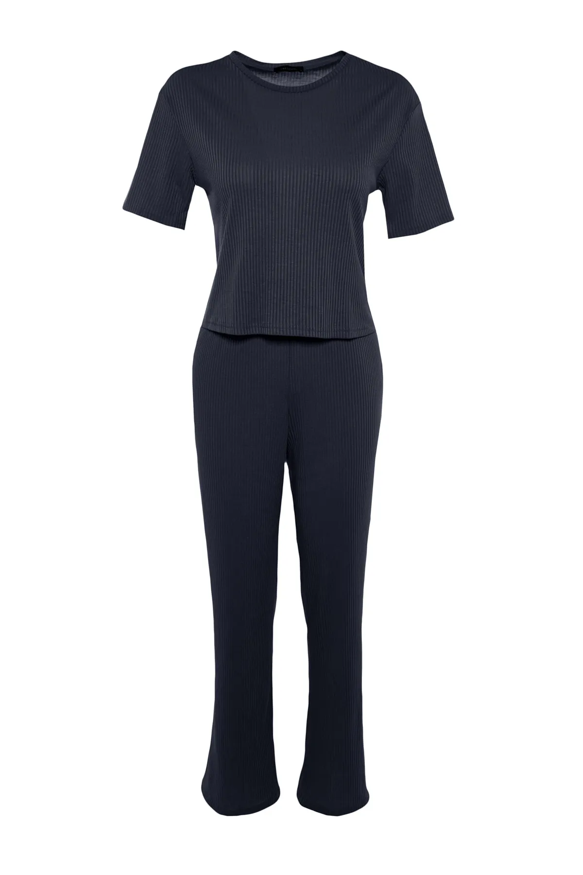 Trendyol Collection  Marineblauer Slogan-bedruckter, detaillierter Gummi-T-Shirt-Hose-Strickpyjama aus schnurgebundener Baumwolle THMSS21PT1016
