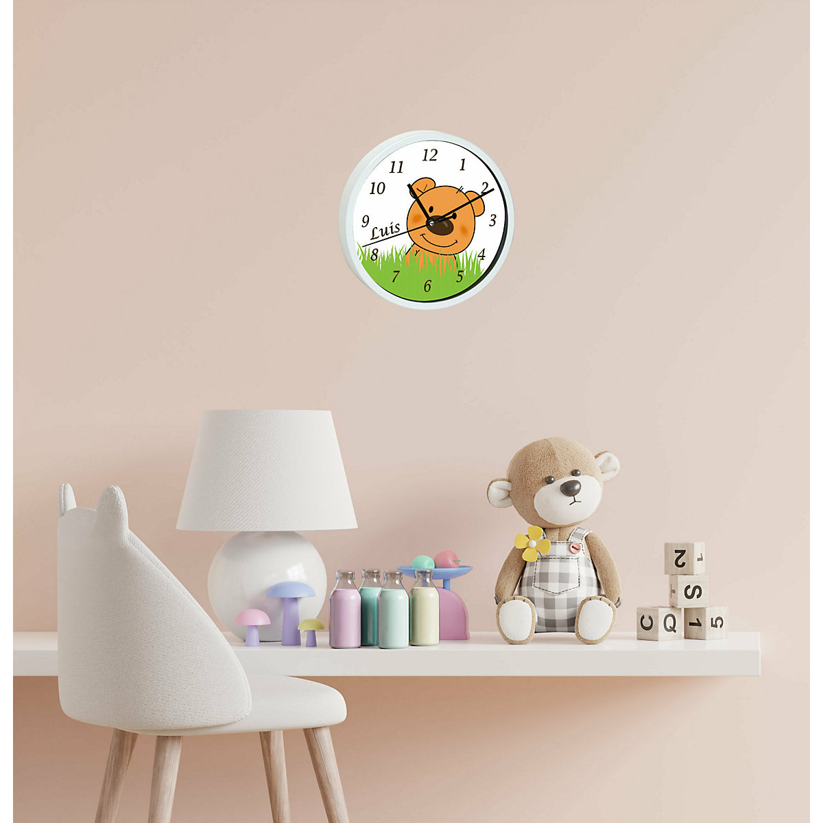 Kinder Wanduhr personalisiert mit Name Teddy Bär-Graß