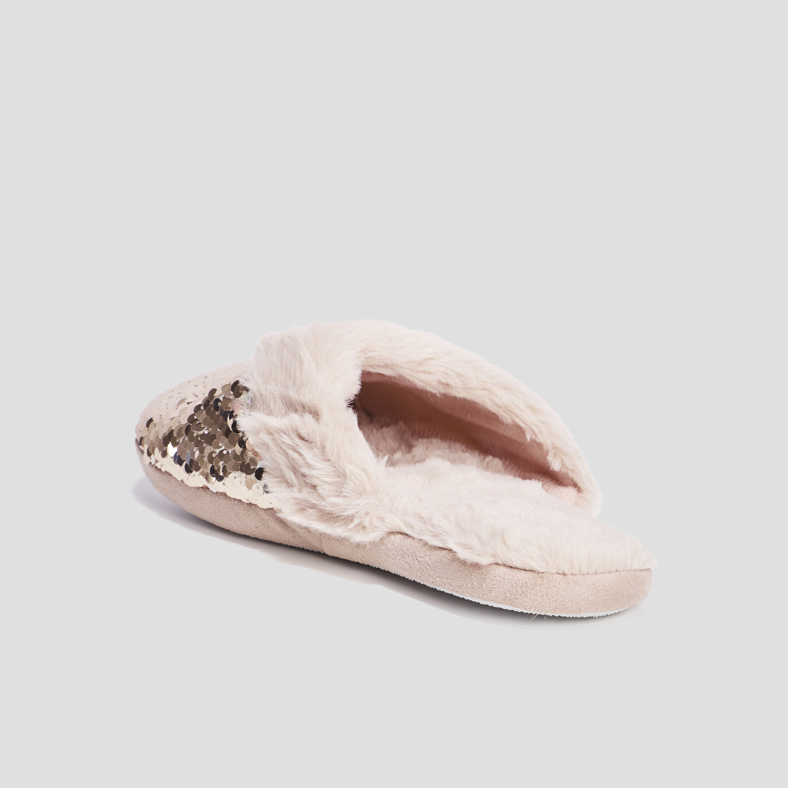 Chaussons mules sequins et fourrure jaune or femme | La Halle