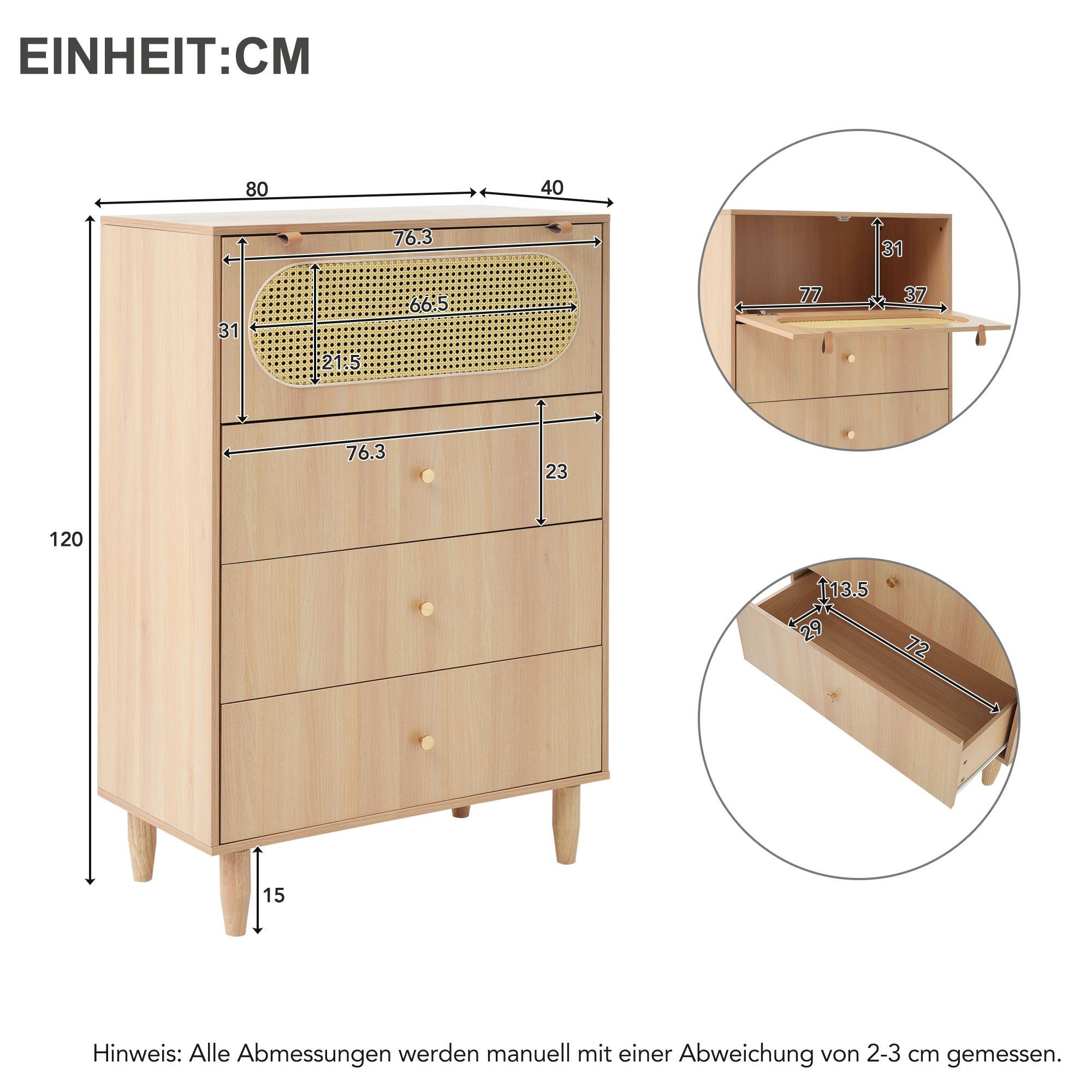 Merax Highboard, mit Rattantür und 3 Schubladen, Sideboard, Kommode, 120cm Hoch