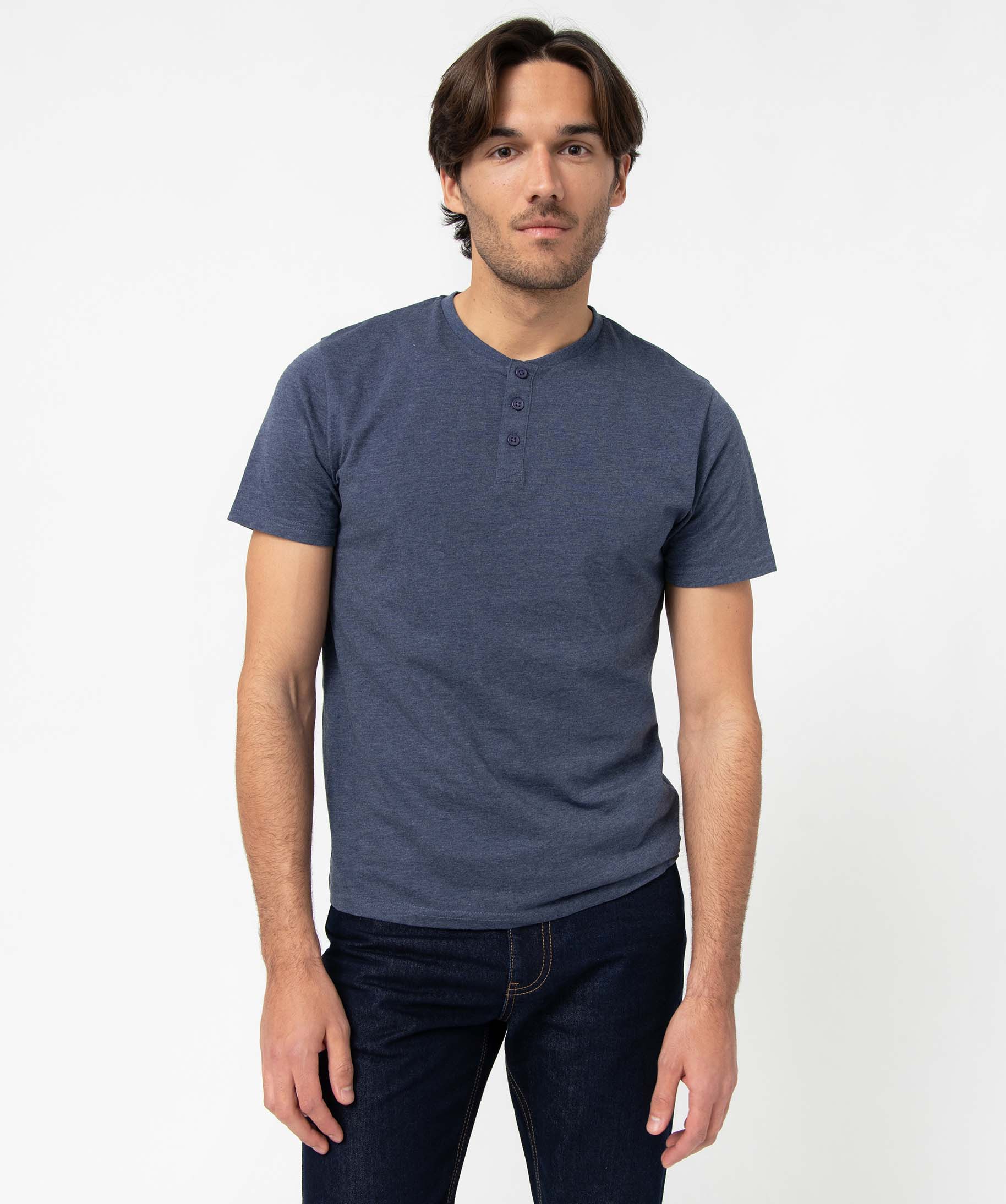 Tee-shirt homme col tunisien à manches courtes bleu | GEMO