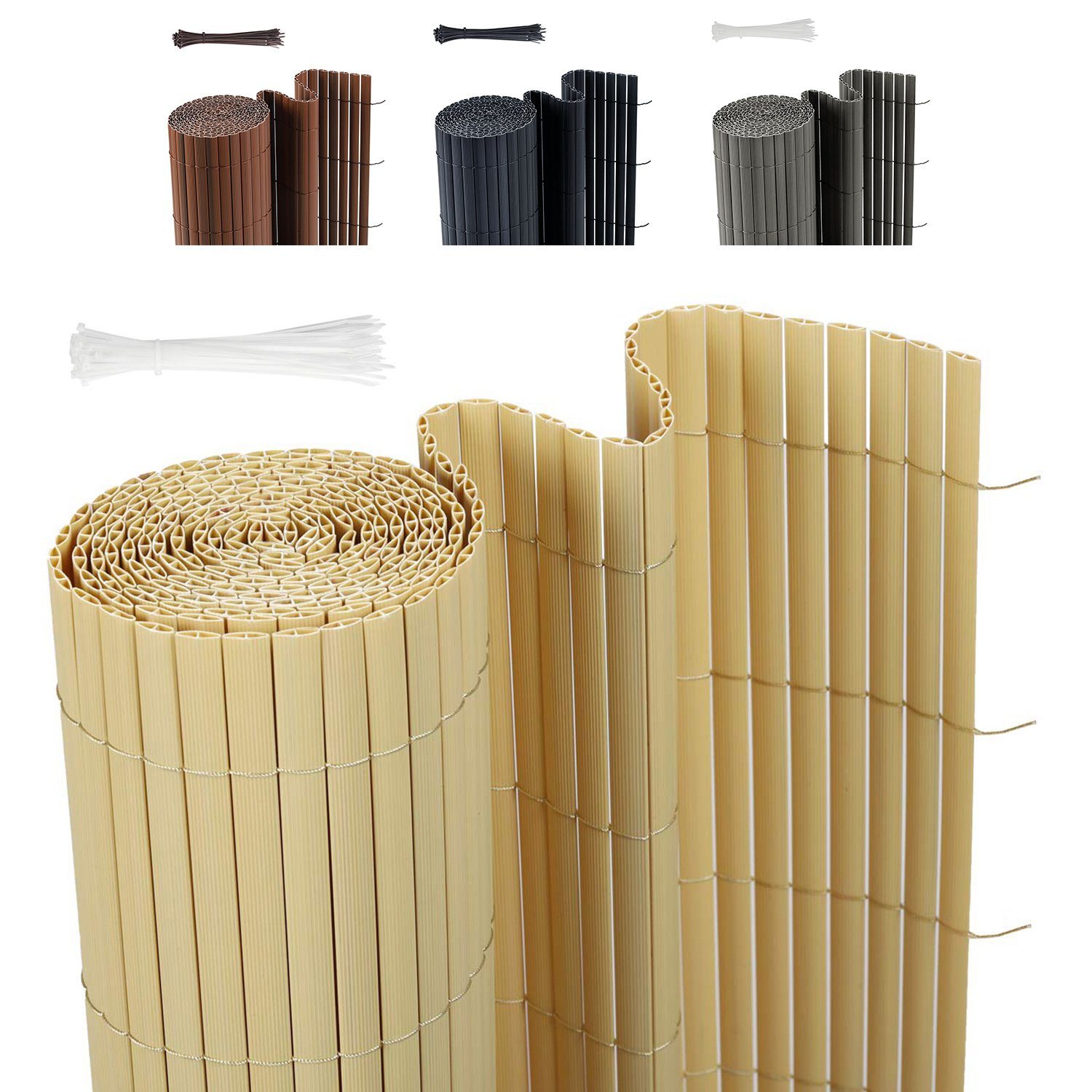 Sekey Balkonsichtschutz PVC Sichtschutzmatte Grau Bambus Sichtschutz Balkon ohne Bohren Zaun Sichtschutz, Windschutz, Sonnenschutz für Balkon, Garten, Terrasse