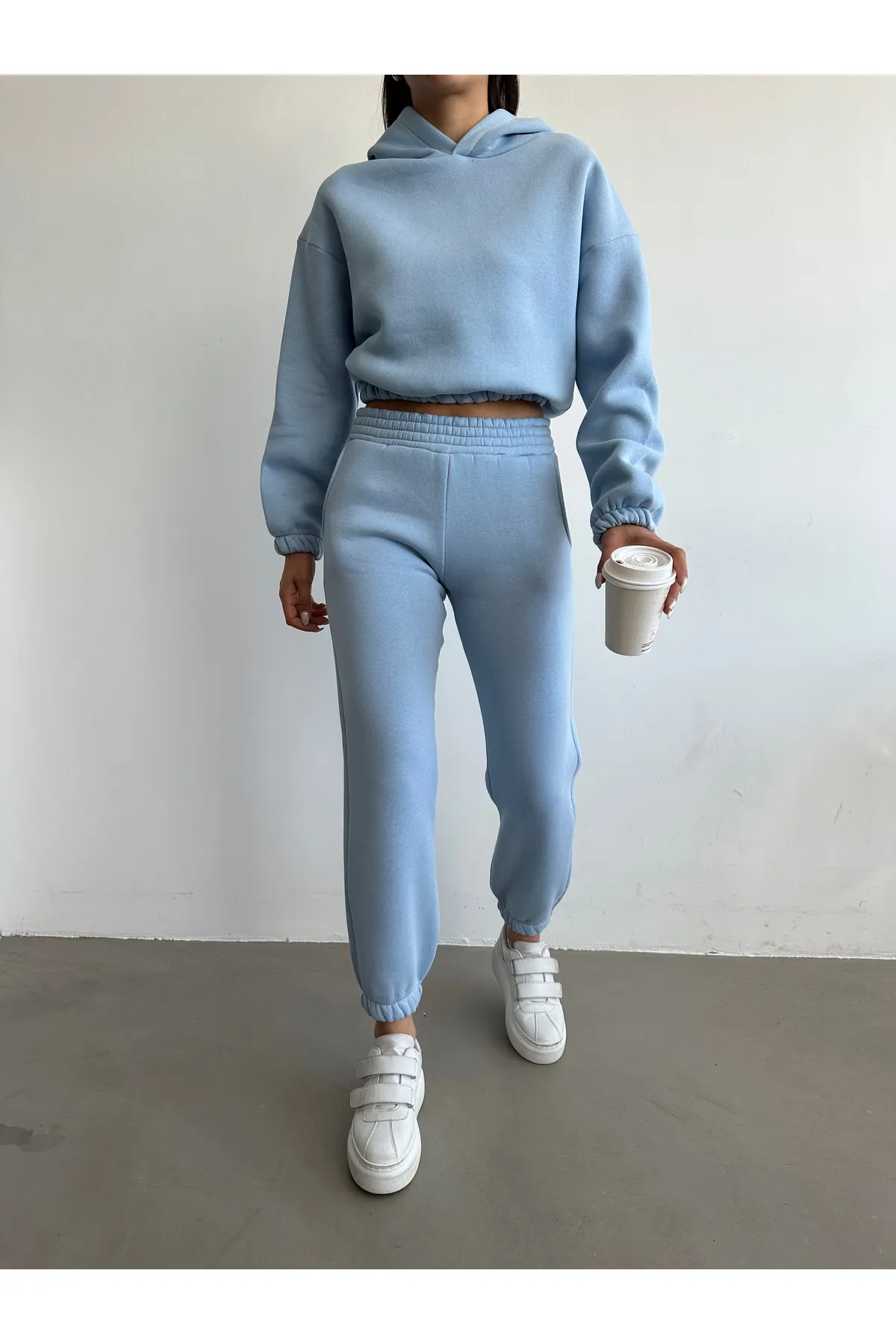 BEJNA  Blaues Basic-Trainingsanzug-Set für Damen aus Baumwolle mit Fleece-Innenseite