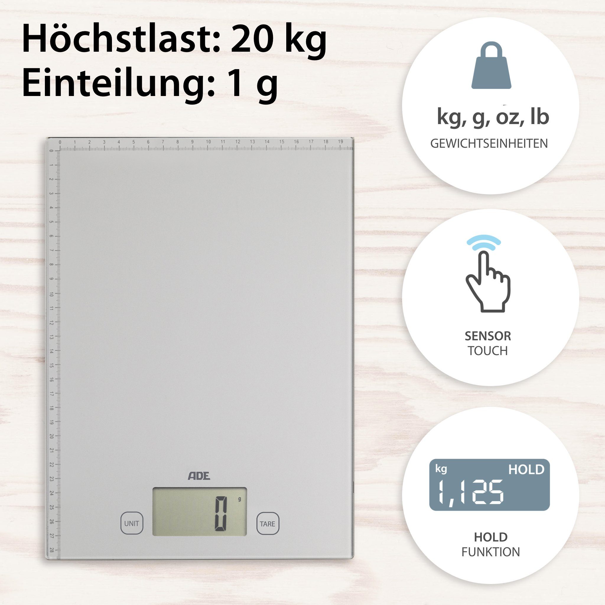 ADE Küchenwaage XXL Brief- und Paketwaage, mit aufgedrucktem Lineal, für große Mengen bis 20 kg