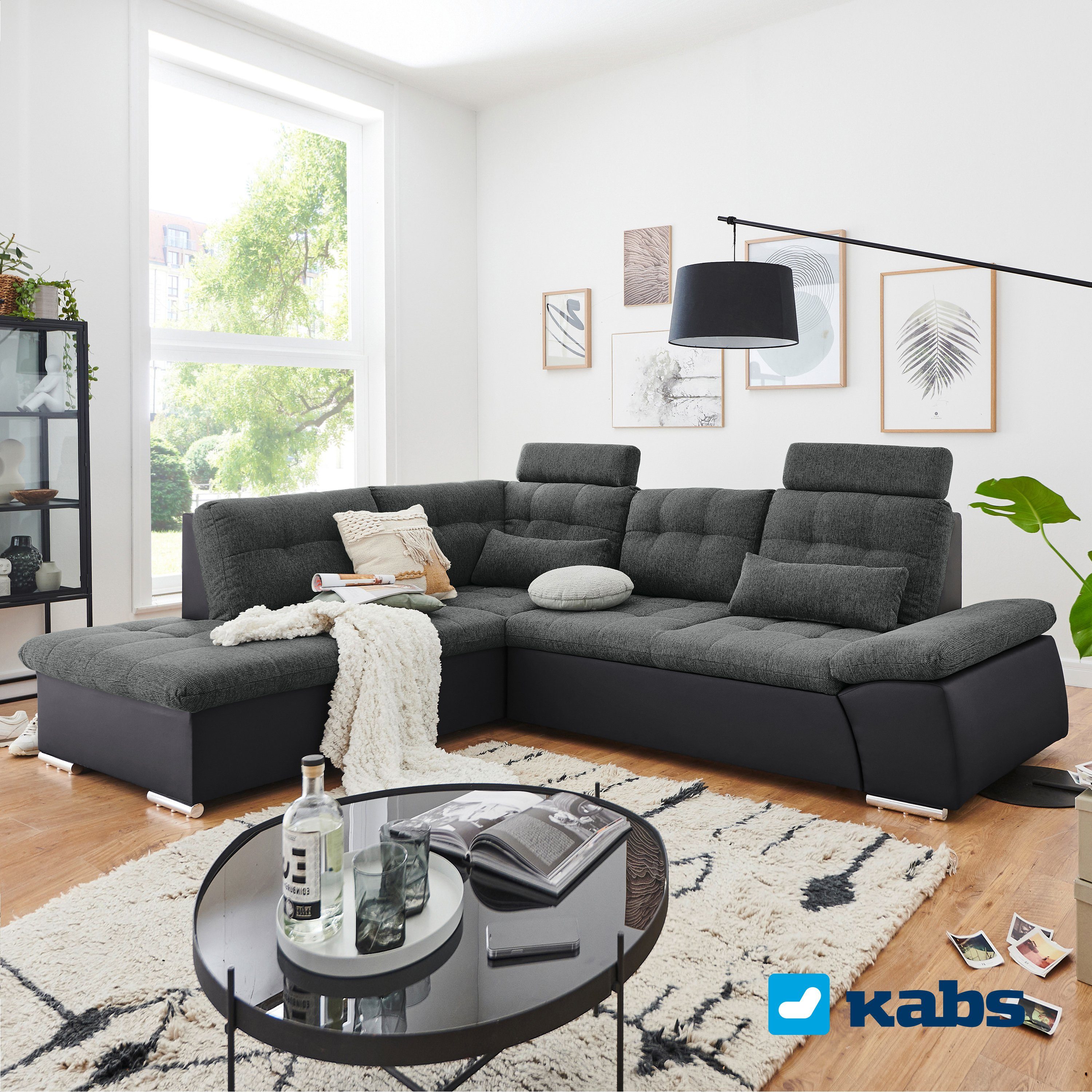 Kabs Polsterwelt Ecksofa Jakarta, Schlaffunktion, Umsteckbare Kopfstützen, Zierkissen, Maße: BxHxT: ca. 219 x 260 x 103 cm, Made in Europe