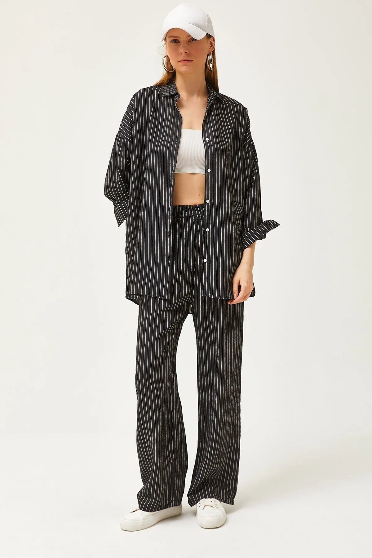 Olalook  Schwarzes gestreiftes Hemd-Hosen-Set für Damen TKM-19000282